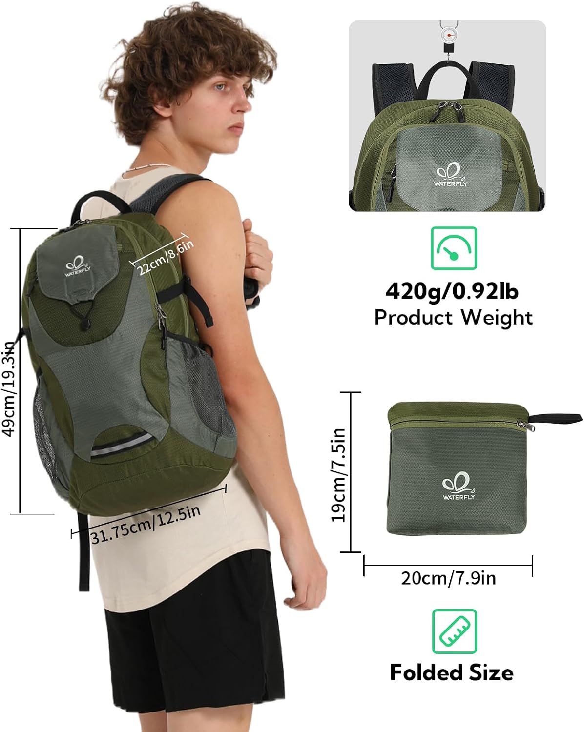WATERFLY Lightweight Packable Hiking Backpack, 30L Day Pack