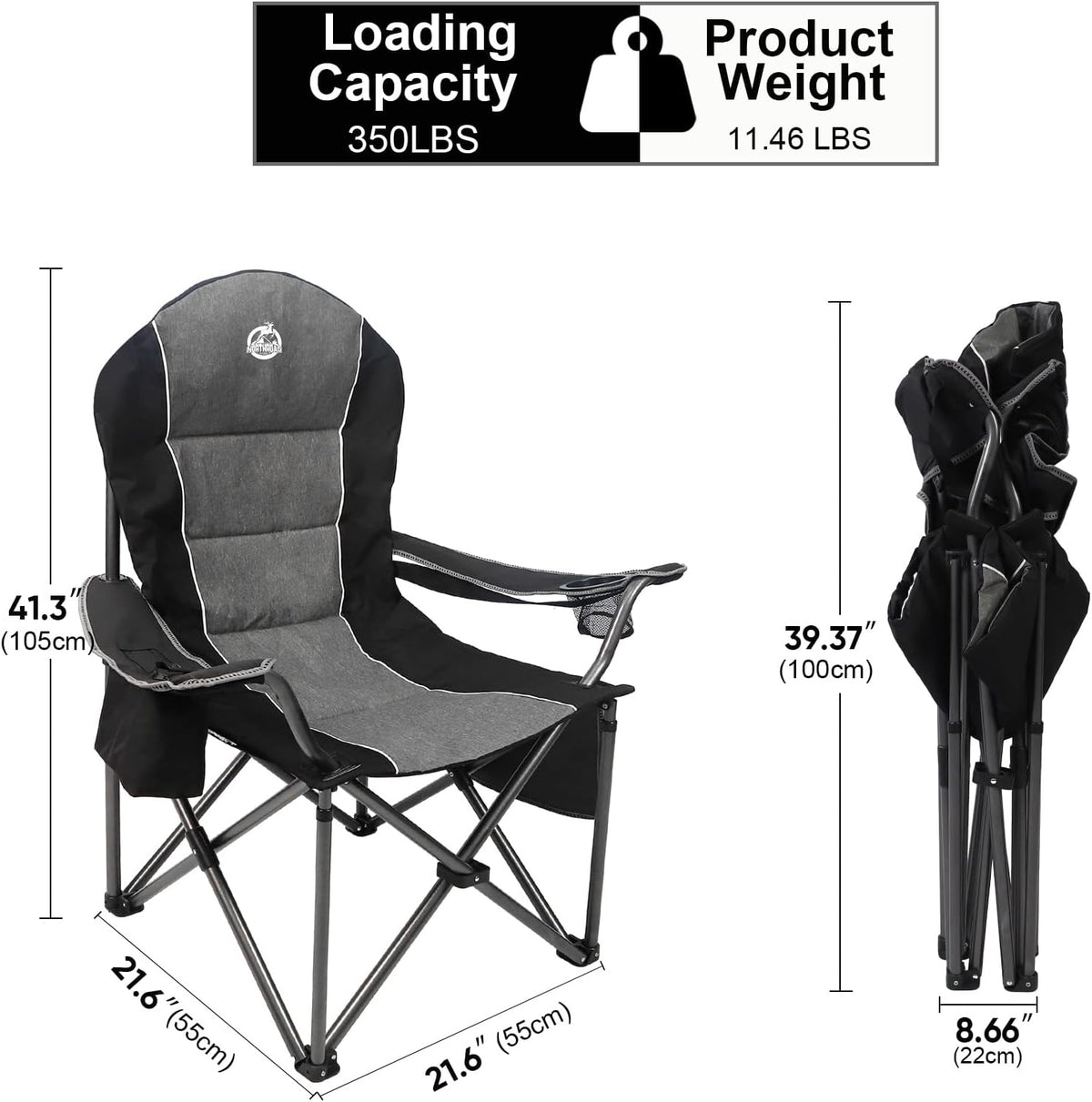 Northroad Oversized Portable Camping Chair, Full Padded Outdoor Folding Chair Support 350 LBS, Heavy Duty Lawn Chair with Cup Holder, Cooler Bag, Lumbar Support, Head Pocket for Adult-Black