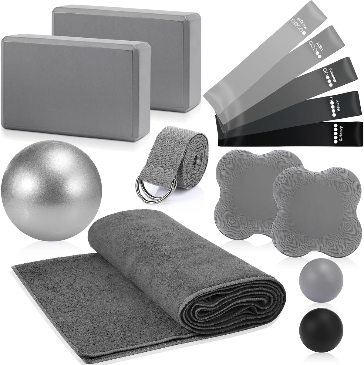 Simgoing 14 Pcs Yoga Kits for Home Workouts Pilates Equipment Set for Women Beginners, Hot Yoga Towel Blocks Strap, Knee Pad, Resistance Loop Exercise Band, Massage Lacrosse Ball, Pilates Ball