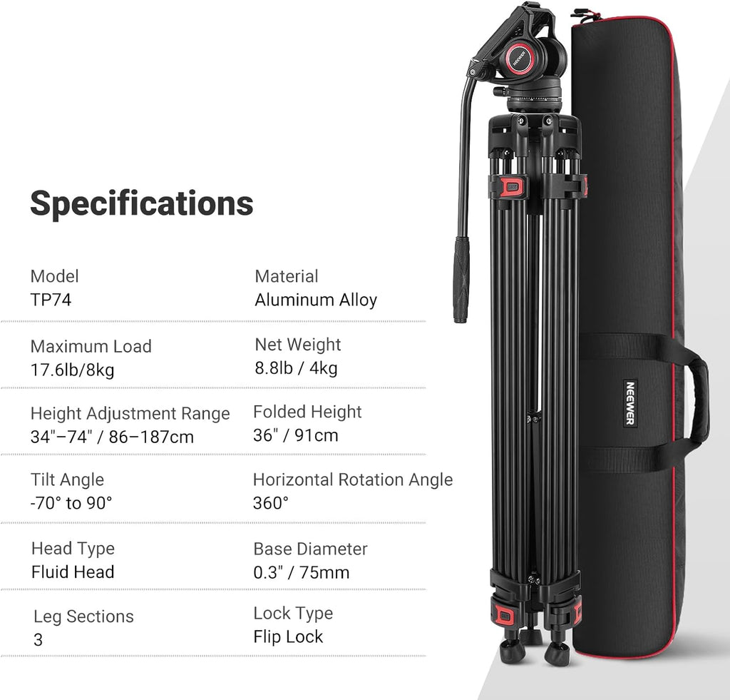 NEEWER 74" Video Tripod with Fluid Head, QR Plate , Aluminum Heavy Duty Camera Tripod Professional for DSLR Cameras Camcorders, Max Load 17.6lb/8kg, TP74