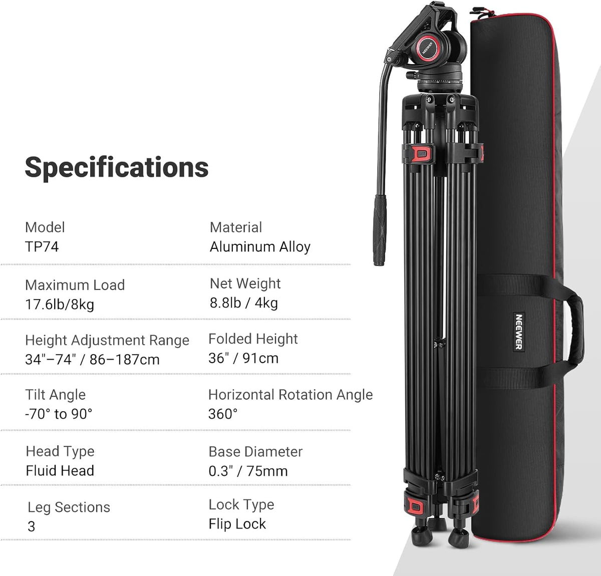 NEEWER 74" Video Tripod with Fluid Head, QR Plate , Aluminum Heavy Duty Camera Tripod Professional for DSLR Cameras Camcorders, Max Load 17.6lb/8kg, TP74