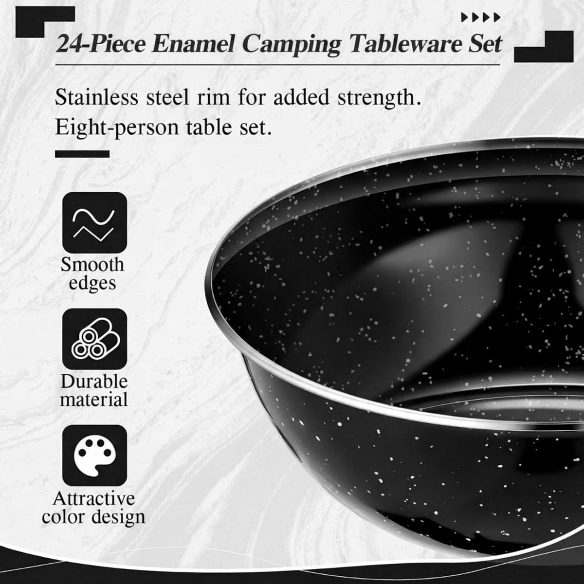 Nuogo 24 Pcs Camping Dinnerware Enamel Mugs Plates Bowls Utensils, Black