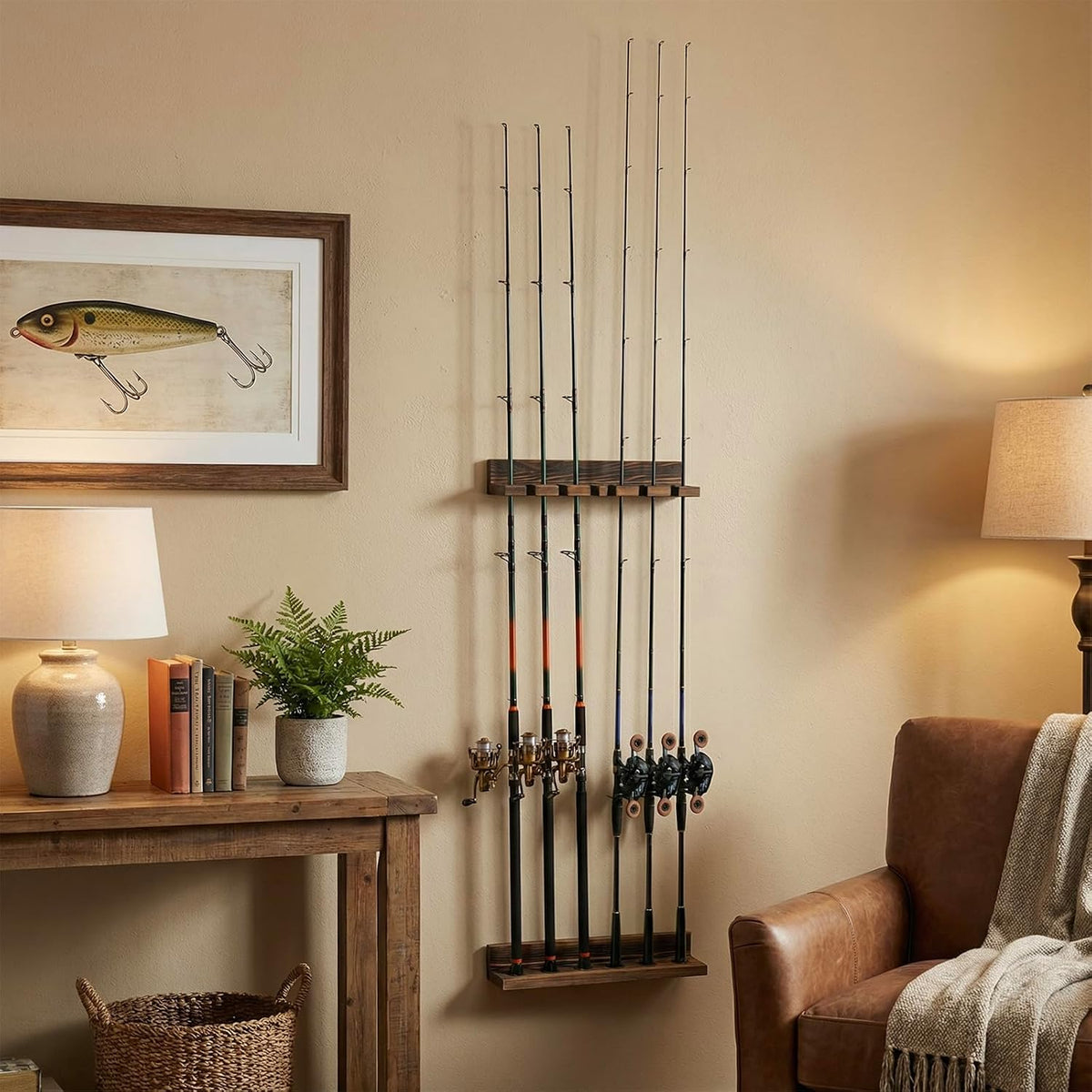MyGift Rustic Wood Wall Mounted Fishing Rod Holder Rack, Holds 6 Rods