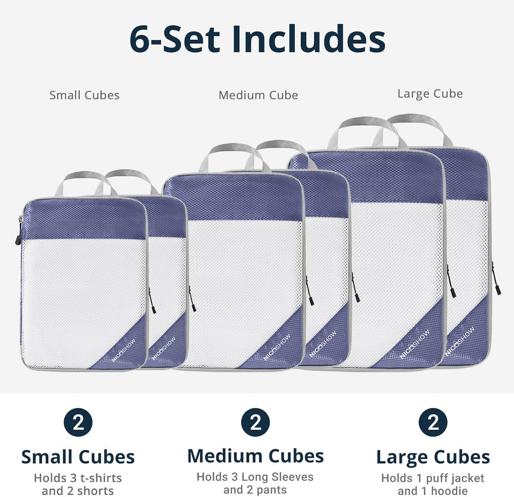 NICOSHOW Compression Packing Cubes 6 Set, Compressible Space-Saving Packing Cubes for Travel - Compression Bags, Luggage Organizer, Travel Essentials for Women, Bluish Purple