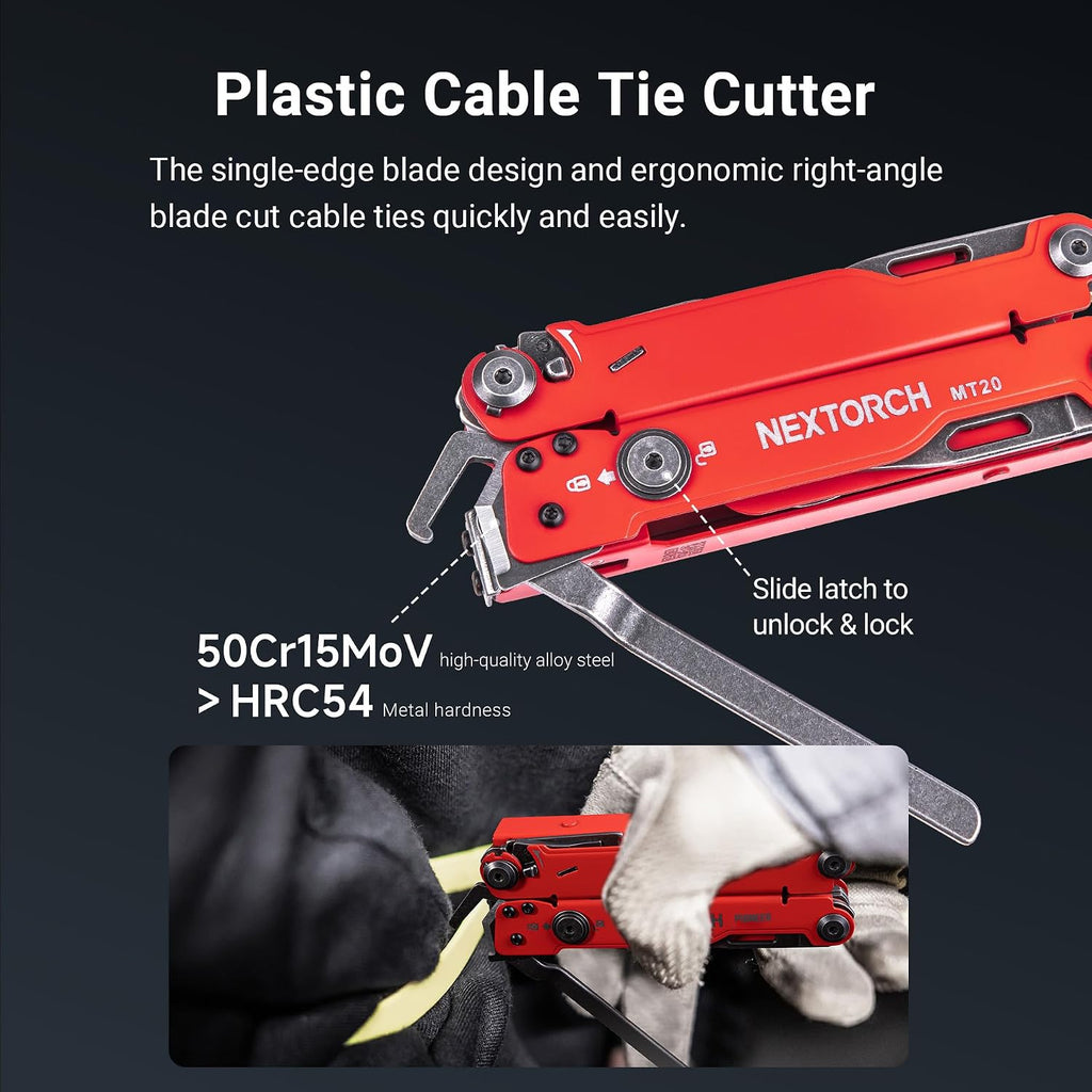 NEXTORCH PIONEER MT20 14-IN-1 Multi-tools Full-Size,Versatile Multi-tool Set with Scissors Needle Nose Pliers Pocket Clip Multi-tool (RED with Glass Breaker)
