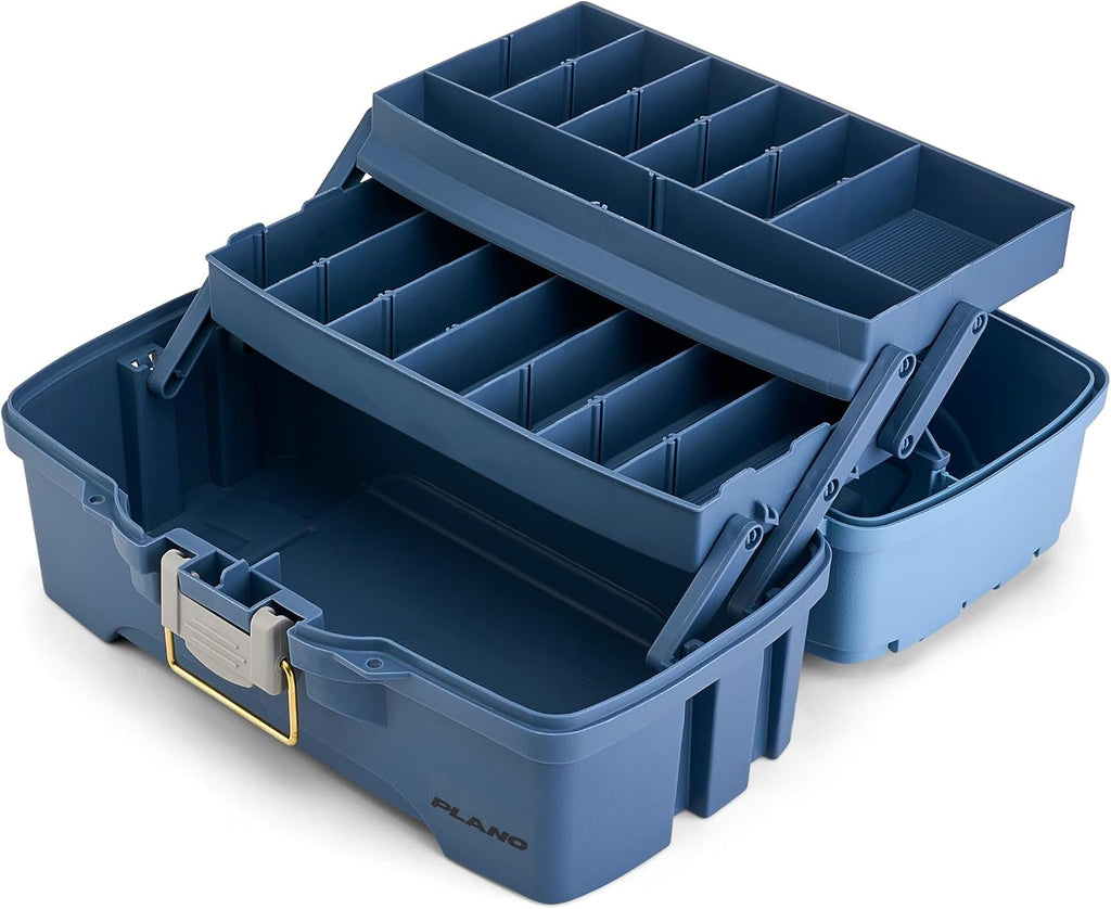 Plano Catch All Two-Tray Tackle Box Kit, Light Blue/Dark Blue, Rust-Proof Brass Latch, Top-Access Tray with Deep Storage, Made in the USA, Portable Fishing Gear Storage Organizer