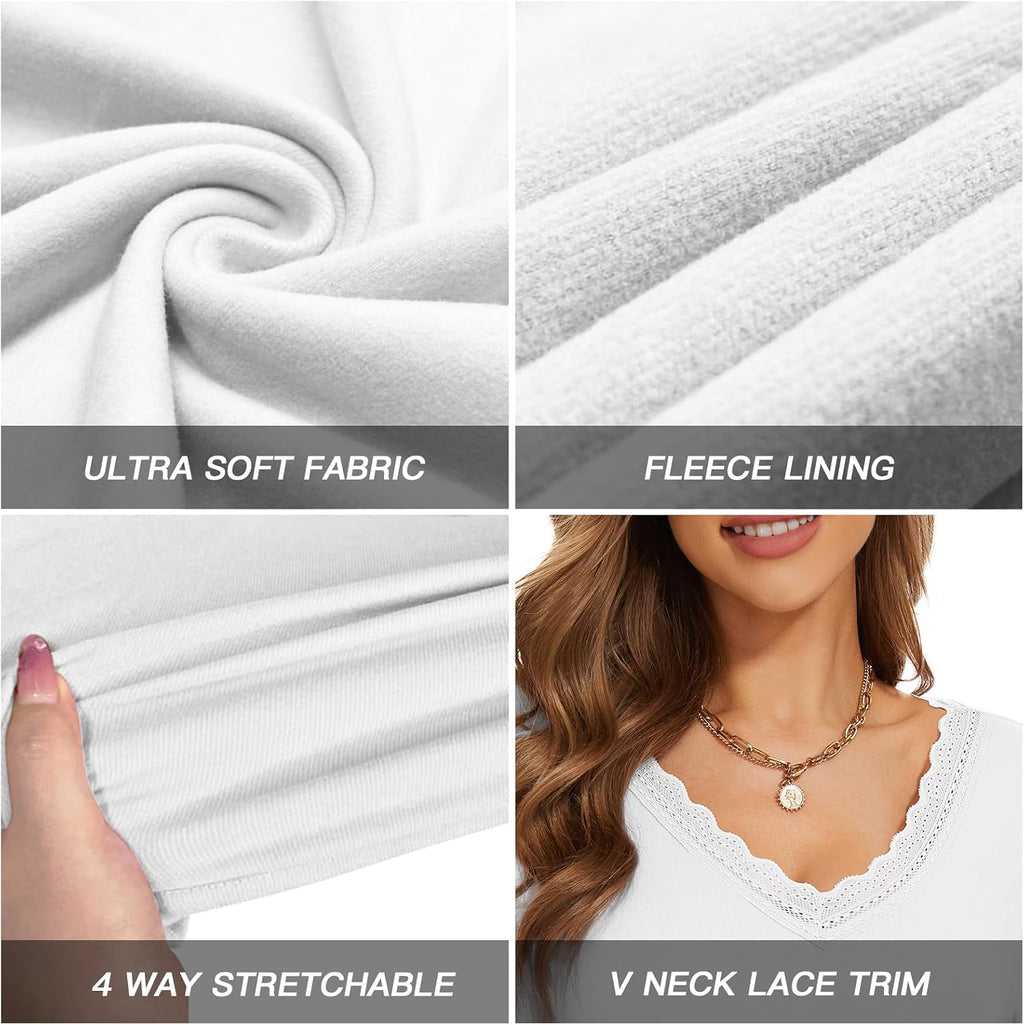 WOWENY Women Thermal Long Sleeve Shirt Fleece Lined Basic Fitted Tops Lace V Neck Undershirts Winter Tight Base Layer