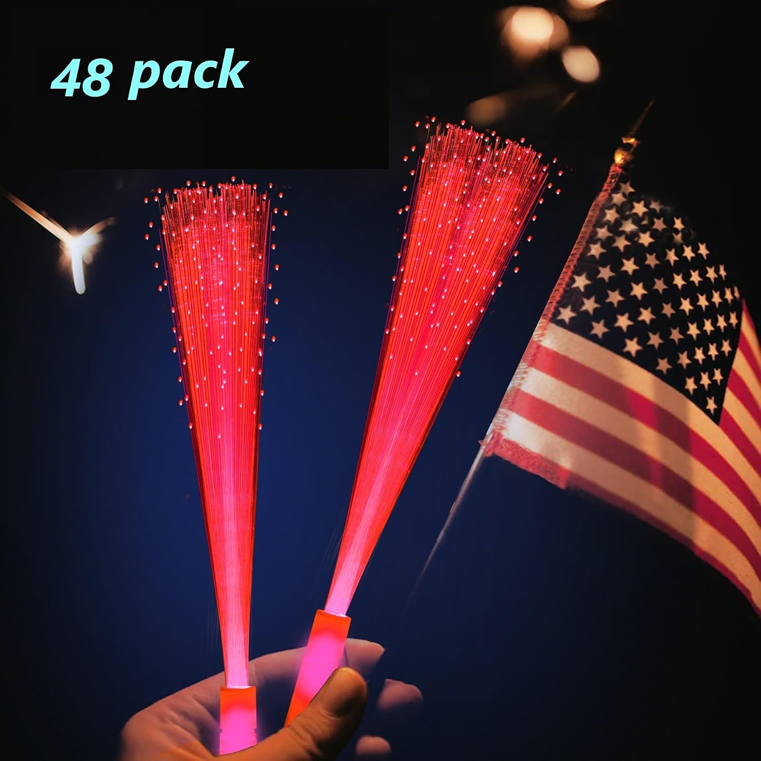 48 PCS Red Glow Fiber Wands Sticks LED Light Wands 3 Modes Flashing Fiber Optic Light Rod Bulk Fiber Optic Wands for Wedding July 4th Halloween Christmas Valentine's Day