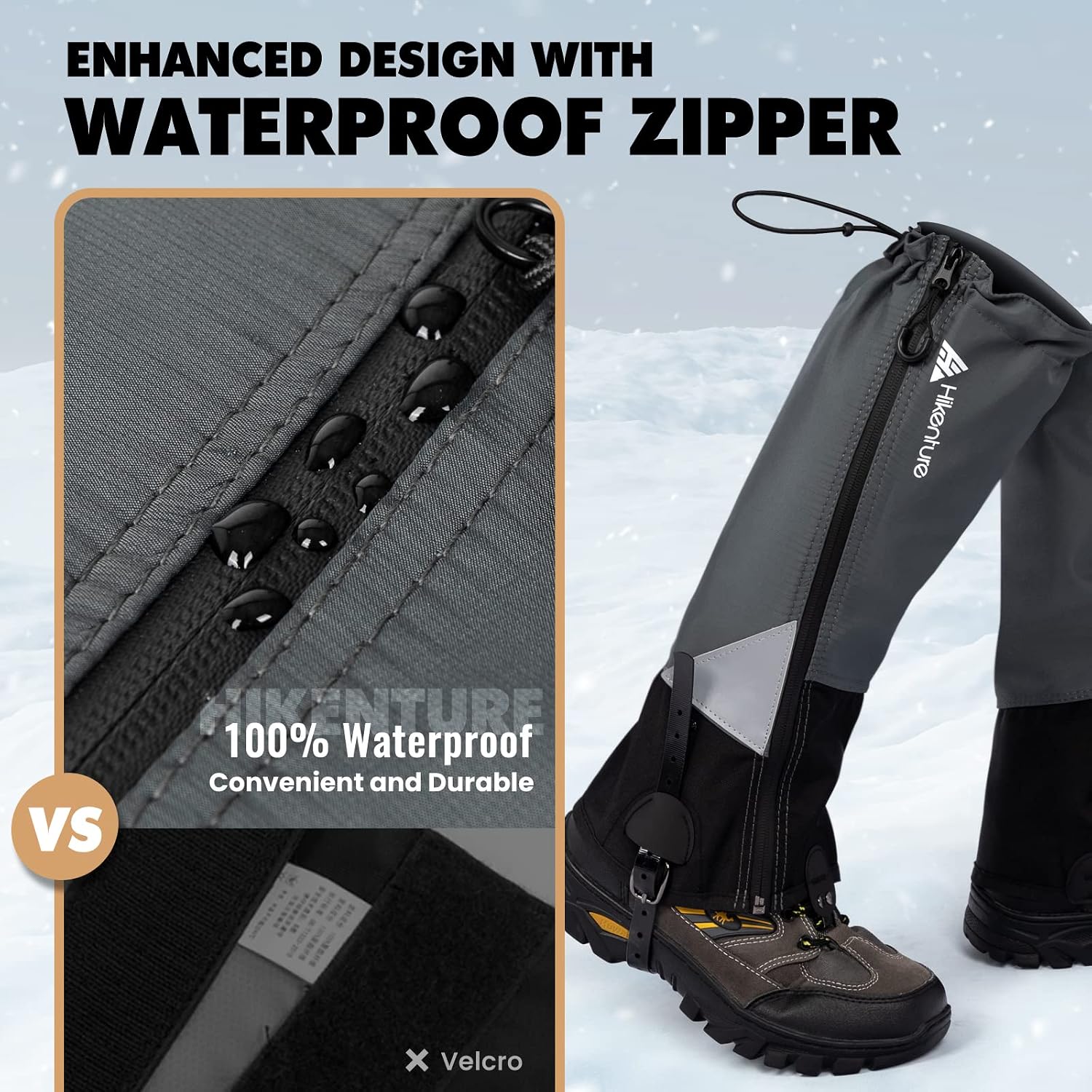 Hikenture Hiking Gaiters with Upgraded Zipper, Gaiters for Hiking Waterproof, Lightweight Leg Shoe Gaiters for Men Women (Grey&Black, Large)