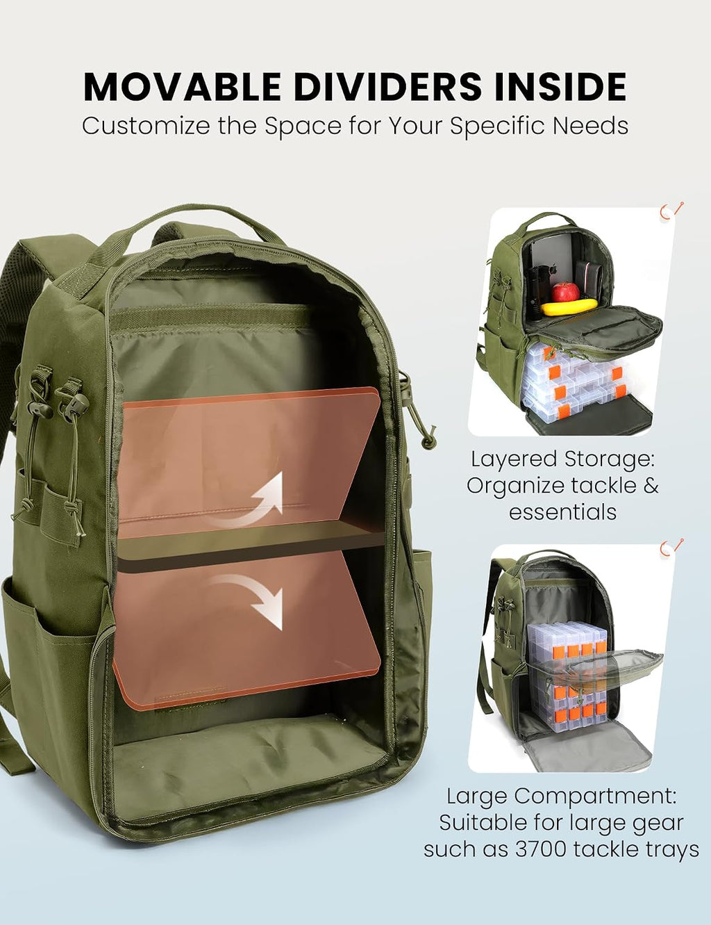 SKYSPER Tackle Backpack Fishing Bags with Rod Holder, 40L Water-Resistant Tackle Box Storage Bag for Fishing Gear Lures(Armygreen)