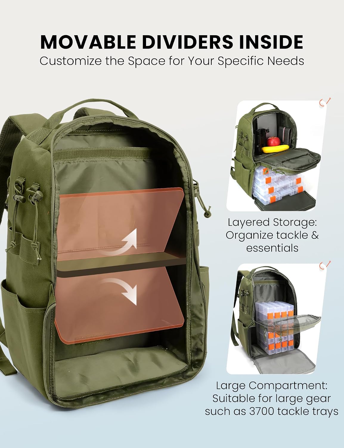 SKYSPER Tackle Backpack Fishing Bags with Rod Holder, 40L Water-Resistant Tackle Box Storage Bag for Fishing Gear Lures(Armygreen)
