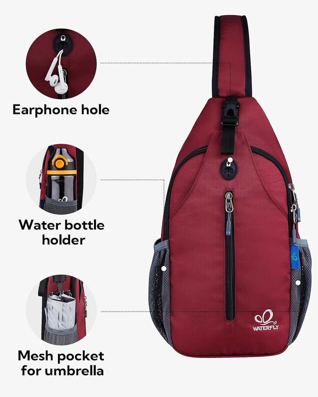 WATERFLY Crossbody Sling Backpack Sling Bag Travel Hiking Daypack