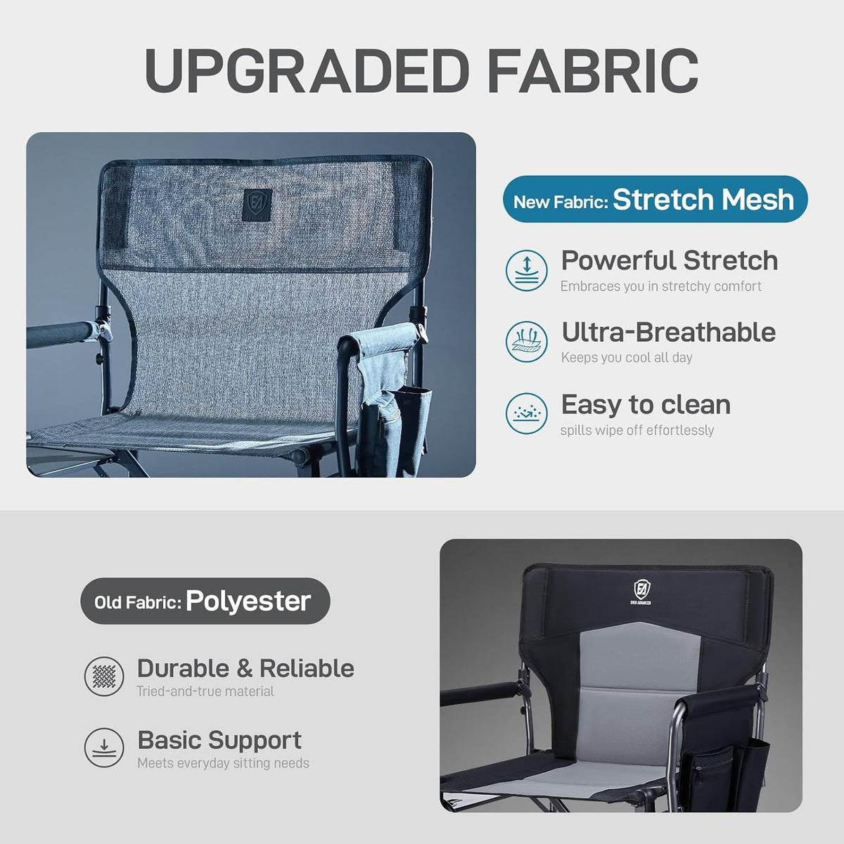 EVER ADVANCED Camping Directors' Chair with Side Table, Portable Folding with Compact Size, Breathable & Quick Dry Design Heavy Duty Lawn Chair with Pocket, 400lbs, Elastic Mesh, Grey