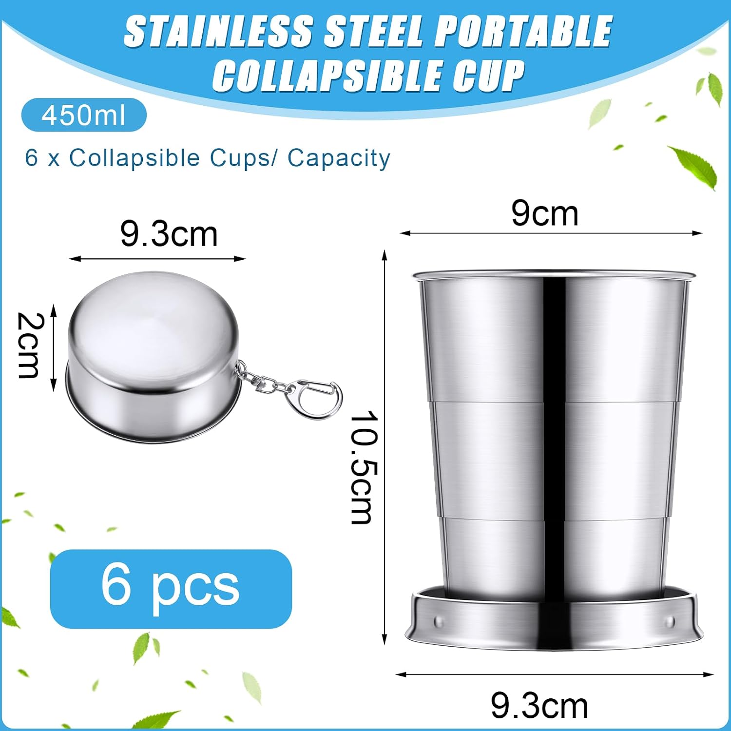 Tessco for you 6 Pieces Collapsible Shot Glasses Stainless Steel Collapsible Cup Reusable Portable Travel Folding Cup with Lid and Keychain for Camping Hiking Cycling(15 oz)