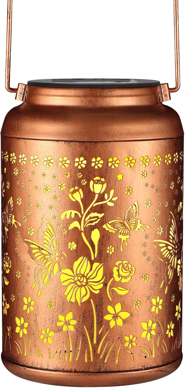 Solar Lantern Outdoor Hanging Lights Christmas Birthday Gifts for Women Mom and Grandma Butterfly Flower Metal Garden Decor Outside Waterproof LED Solar Lanterns for Patio, Yard, Pathway,