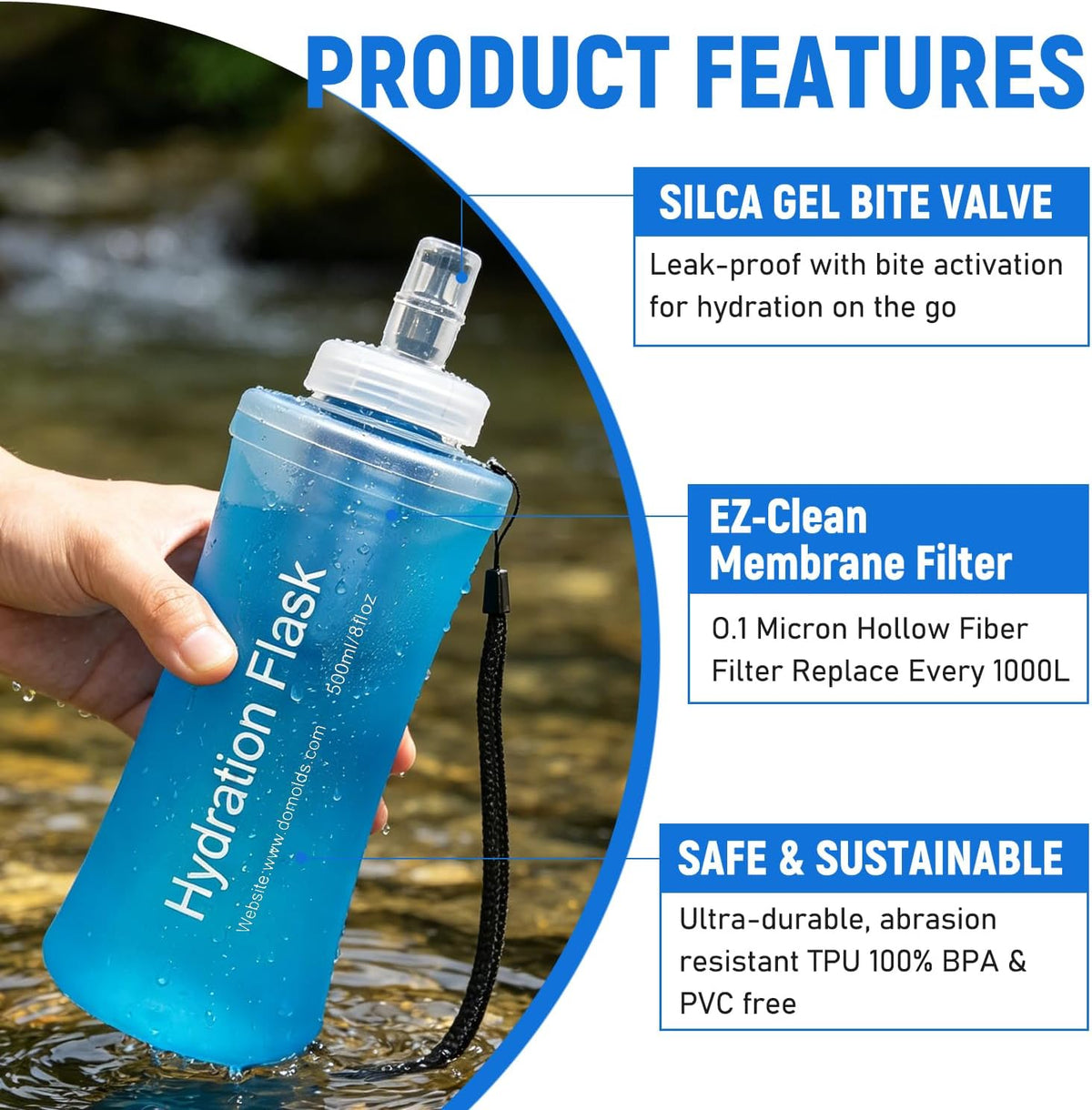 500ml Collapsible Water Bottle with Filter for Hiking Backpacking(Blue)