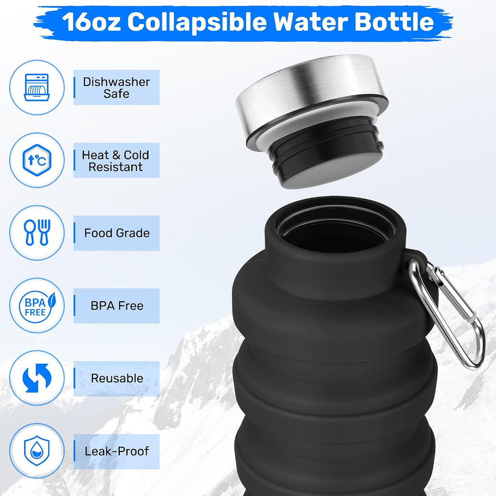 Collapsible Water Bottle, 16oz Portable Reusable Silicone Water Bottle with Carabiner for Gym, Travel, Camping, Hiking, Sports, Lightweight, BPA-Free, Leak-Proof, Foldable Design, Light Blue