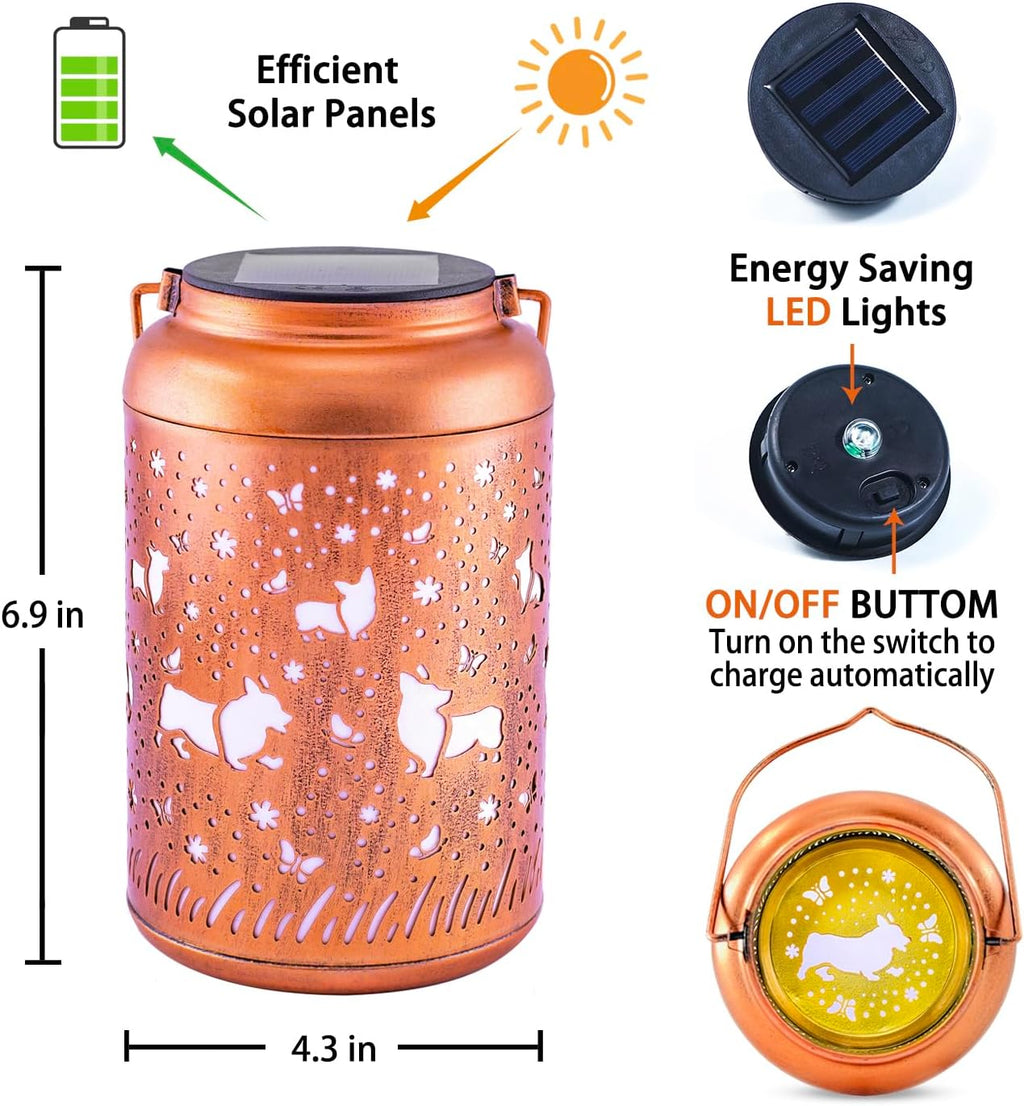 Corgi Dog Solar Lanterns Outdoor Hanging Waterproof Solar Lights Dog Gifts for Women Men Metal Decorative LED Lanterns for Outside, Patio, Landscape, Yard Decor, Garden Decorations