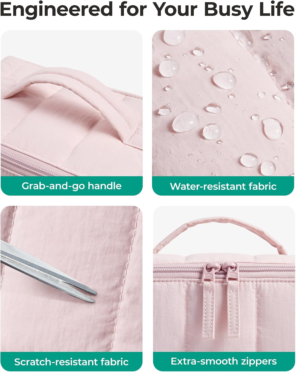 BAGSMART Travel Makeup Bag for Women, Portable Water-resistant Cosmetic Case, Puffy Padded Make Up Organizer Pouch, Open Flat Toiletry Bag for Toiletries, Brushes, Light Beige