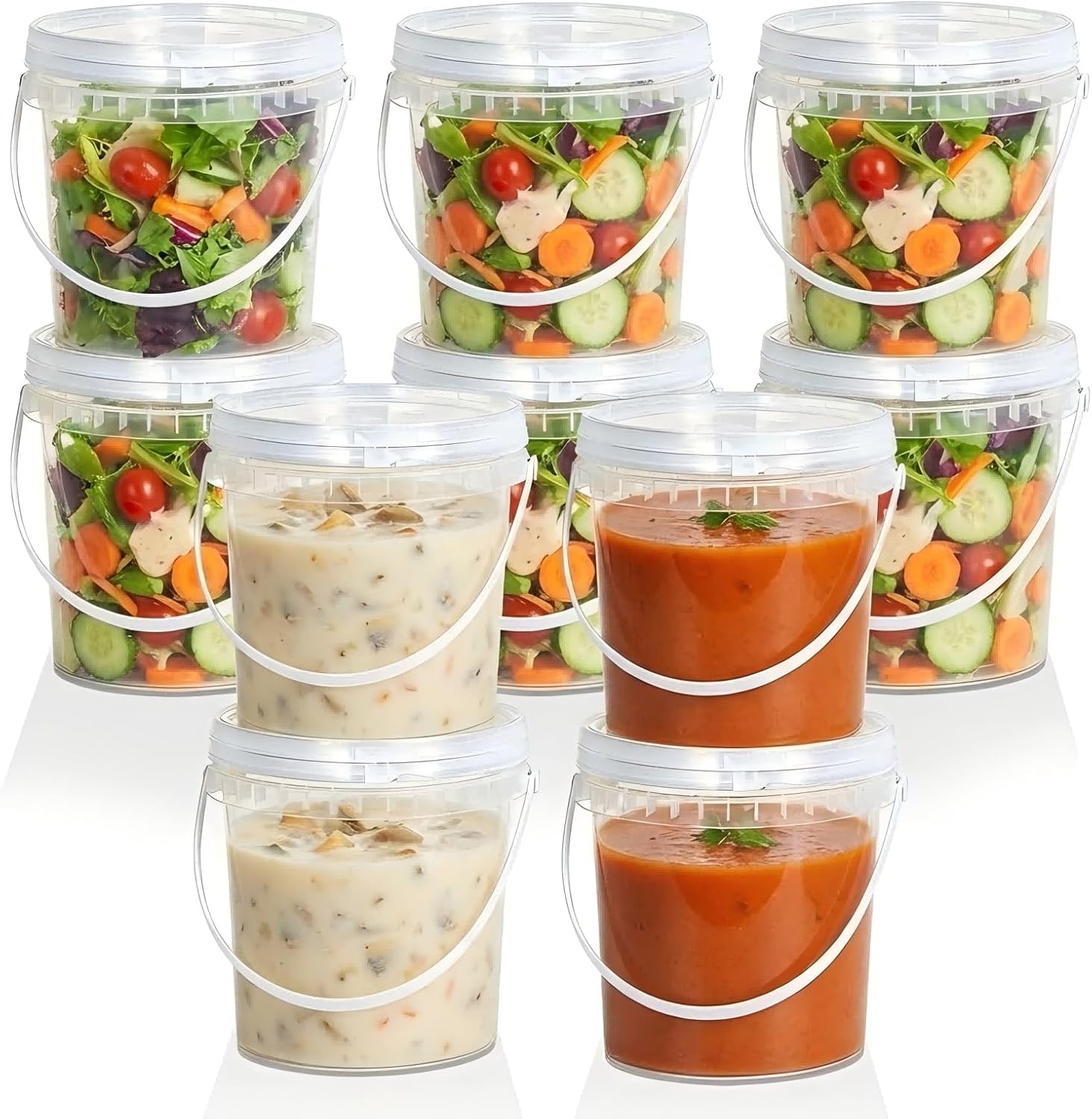 ASEVAT 10 Pack 67OZ/2000ML Airtight White Plastic Bucket with Lid & Handle, Food Grade Reusable Tub - Freezer & Microwave Safe for Ice, Ice Cream, Sauce, Soup & Party