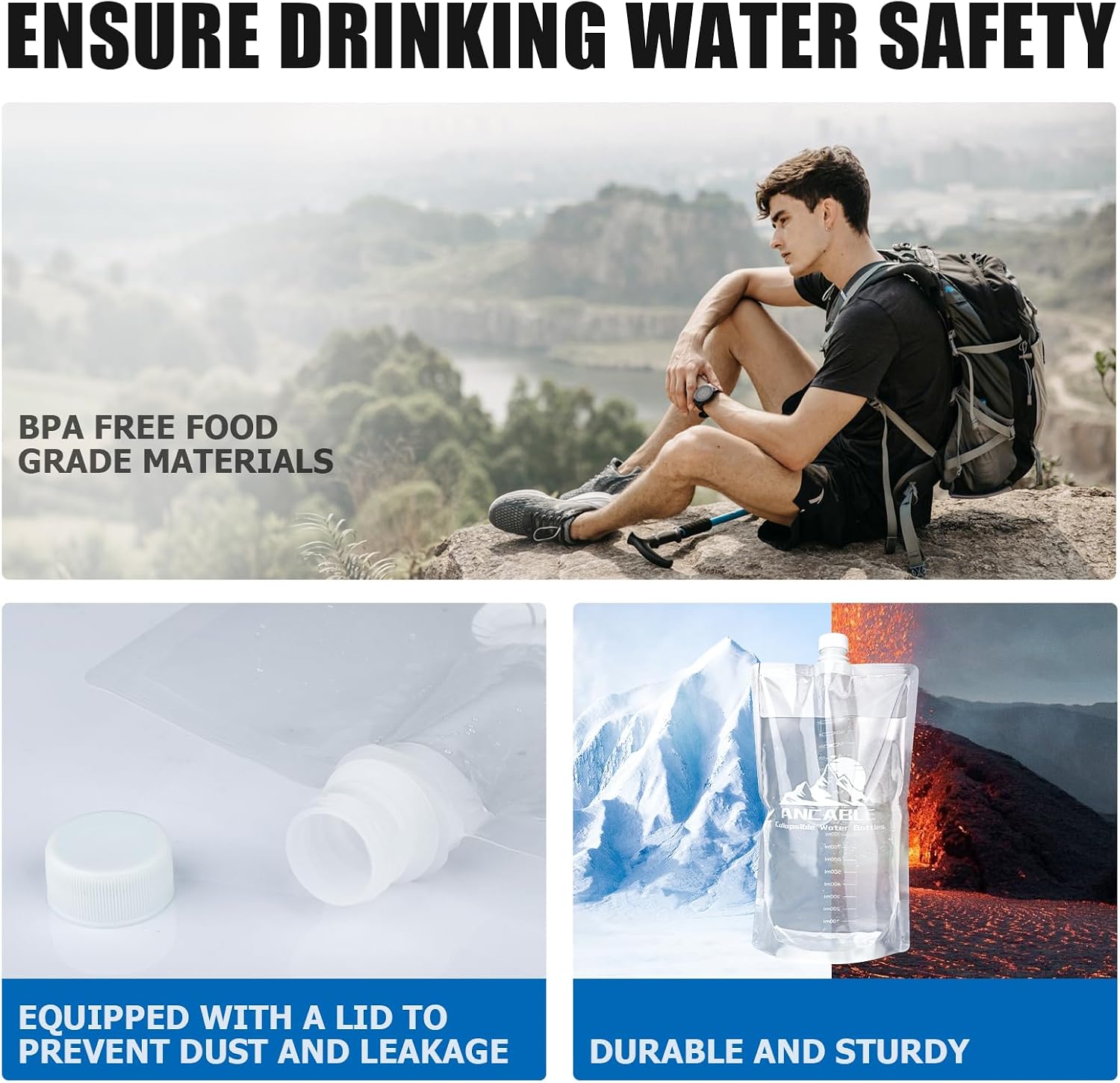 Ancable 64oz Collapsible Water Bottles, 6-Pack Reusable Travel Foldable Water Bottles for Hiking Camping Running Bike, BPA-Free Water Bottle