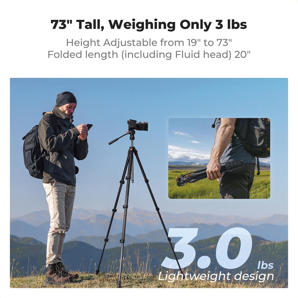 K&F CONCEPT 73" Camera Tripod with Fluid Head