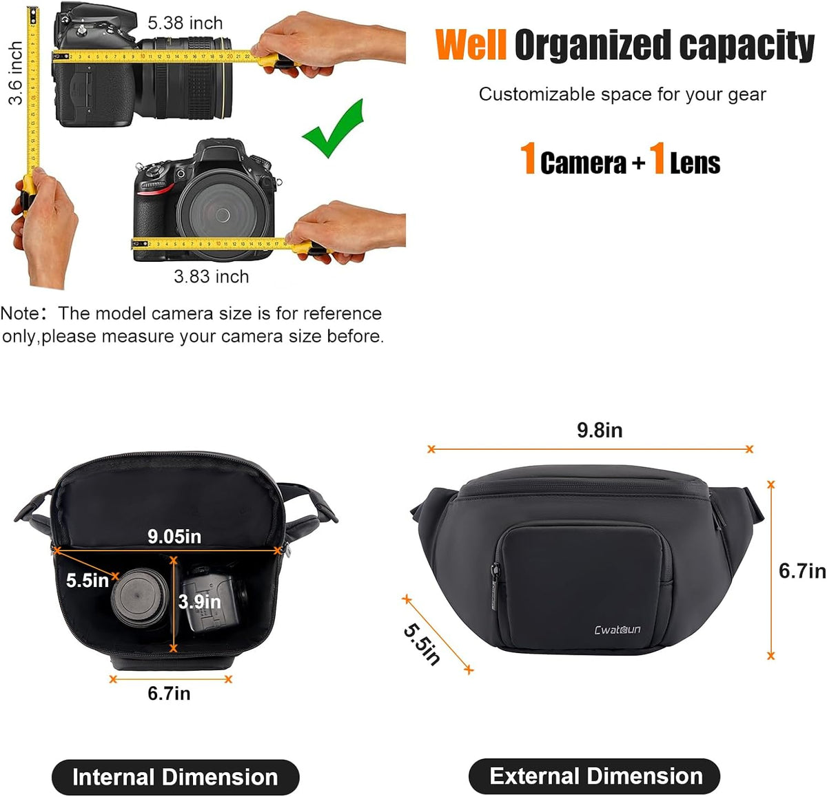 Cwatcun 3-in-1 Camera Waist Bag, Compact Crossbody Fanny Pack for DSLR