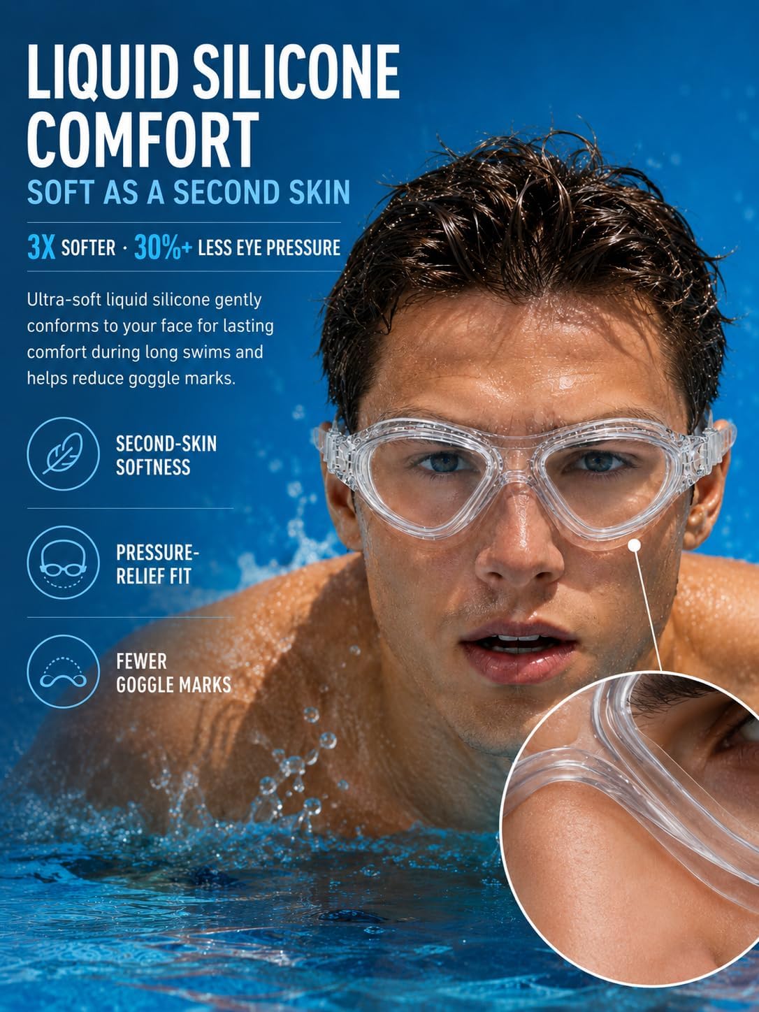 Adult Swim Goggles, Liquid Silicone Anti Fog Swimming Goggles for Men and Women with Anti-Fog/UV & 180° Clear View