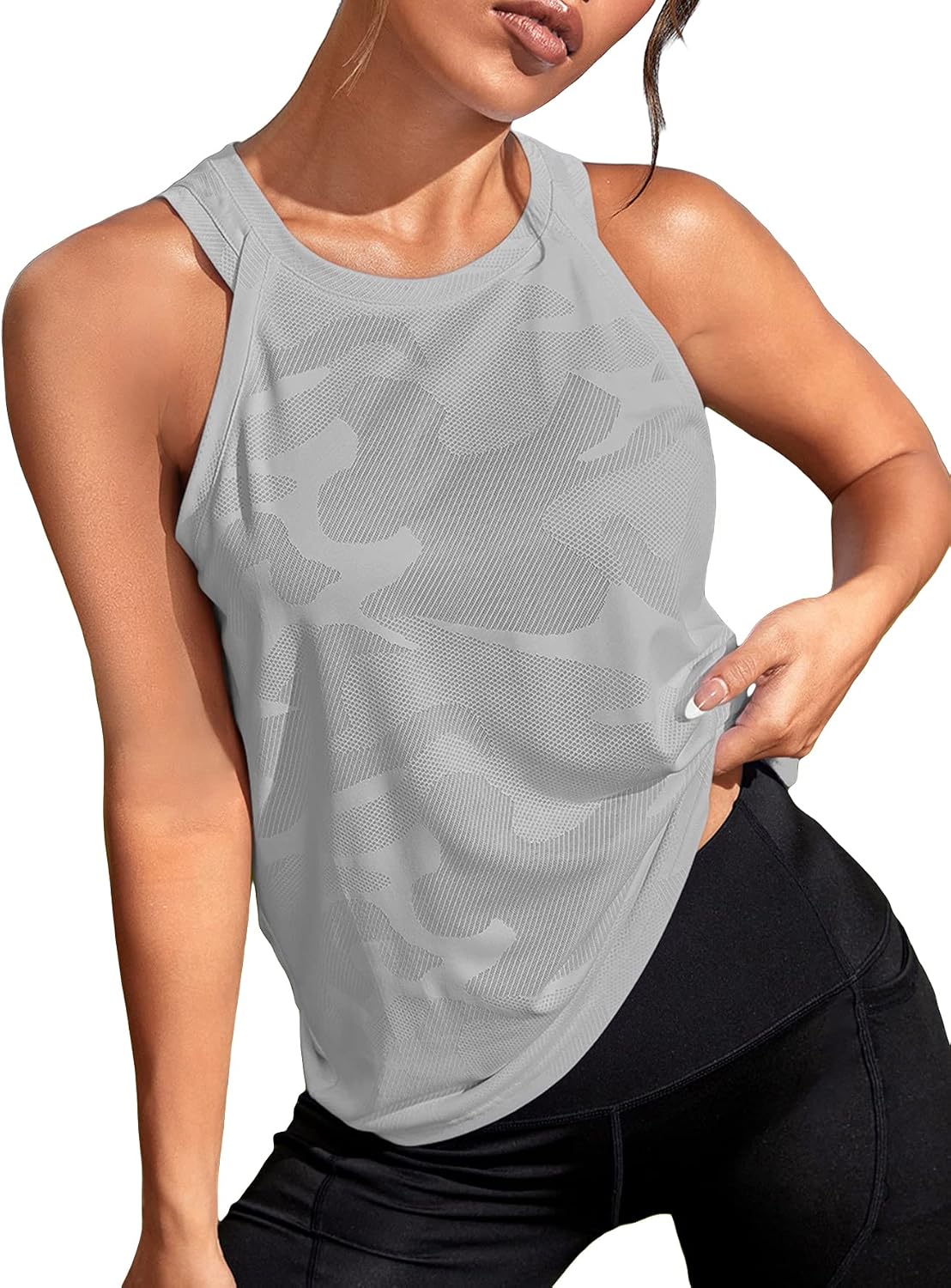 OYOANGLE Women's Camo Print Sleeveless Workout Running Tank Tops Yoga Shirt