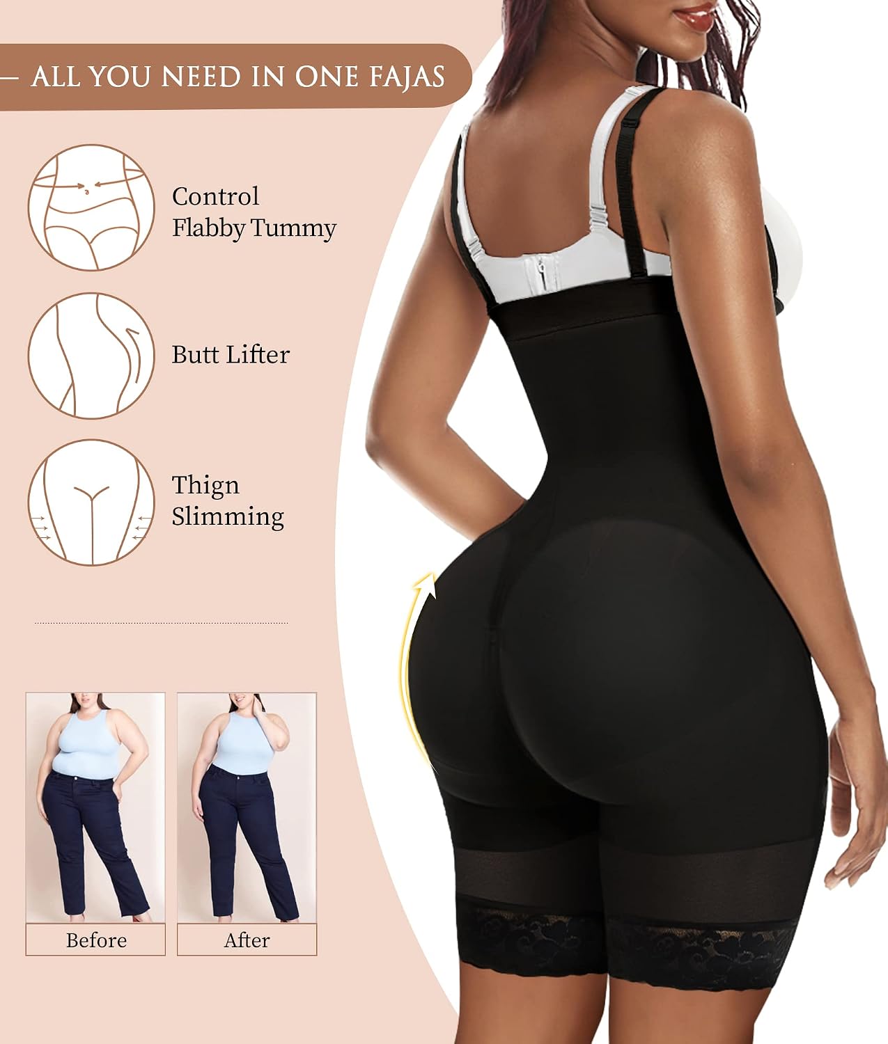 YIANNA Fajas Colombianas Postpartum Tummy Control Shapewear for Women Body Shaper Girdles Butt Lifter Compression Garment with Zipper Crotch, YA7243-Black-3XL