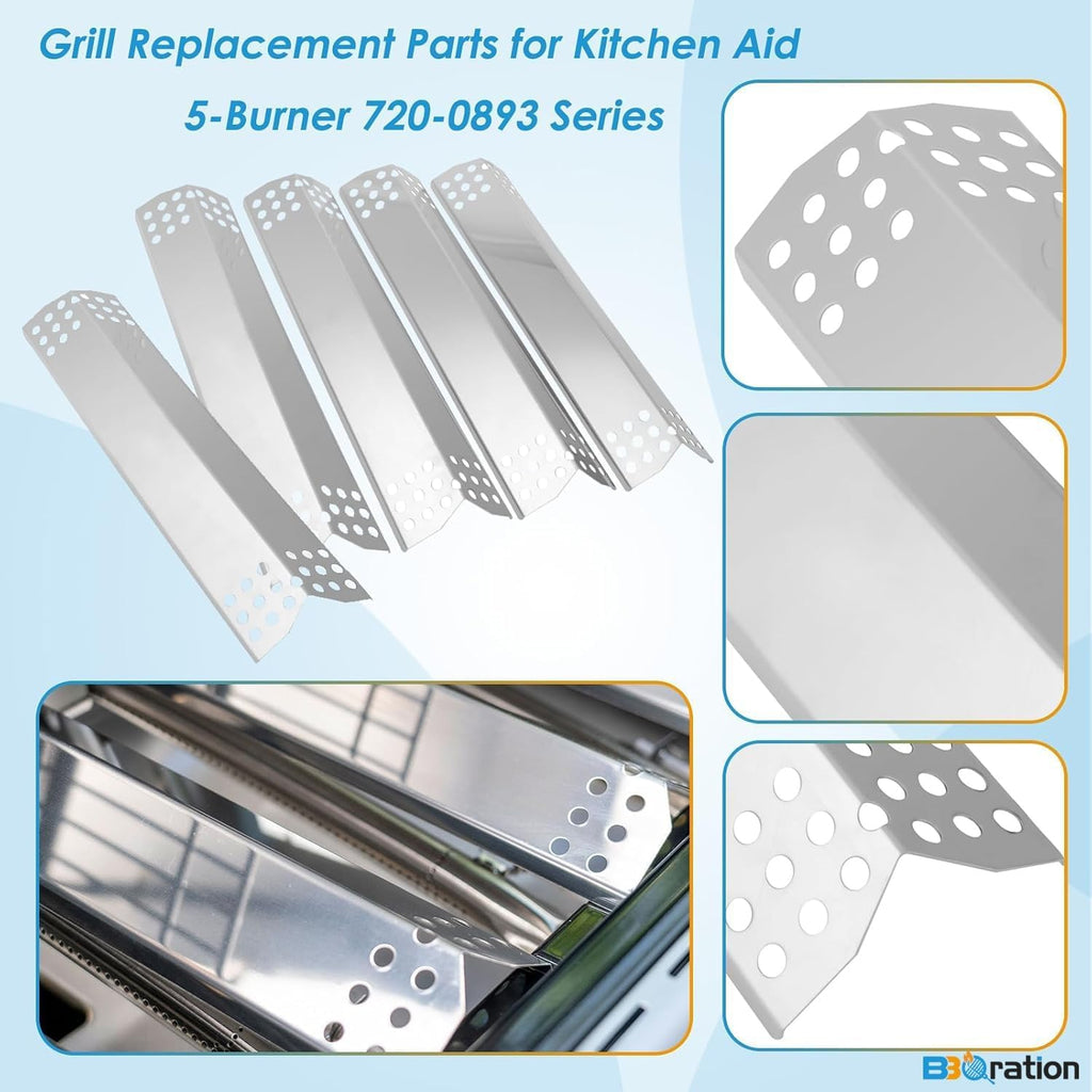 Replacement Kit for Kitchen Aid 720-0893 720-0893A 720-0893D 720-0893G, 7MM Stainless Steel Cooking Grates, Burners and Heat Plates for Kitchenaid Grill Replacement Parts 5-Burner Gas Grill
