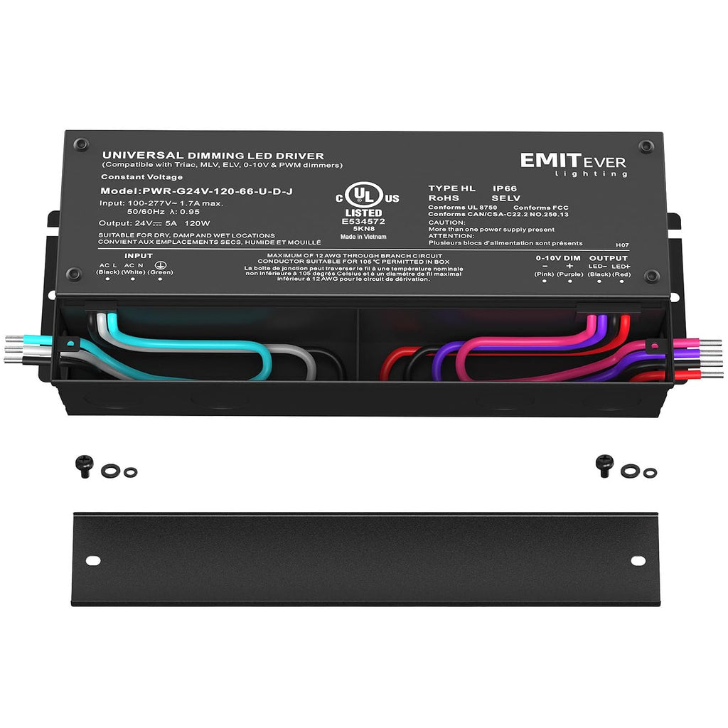 EMITEVER 120W 24V 5-in-1 Dimmable LED Driver,AC 110-277V to DC Transformer