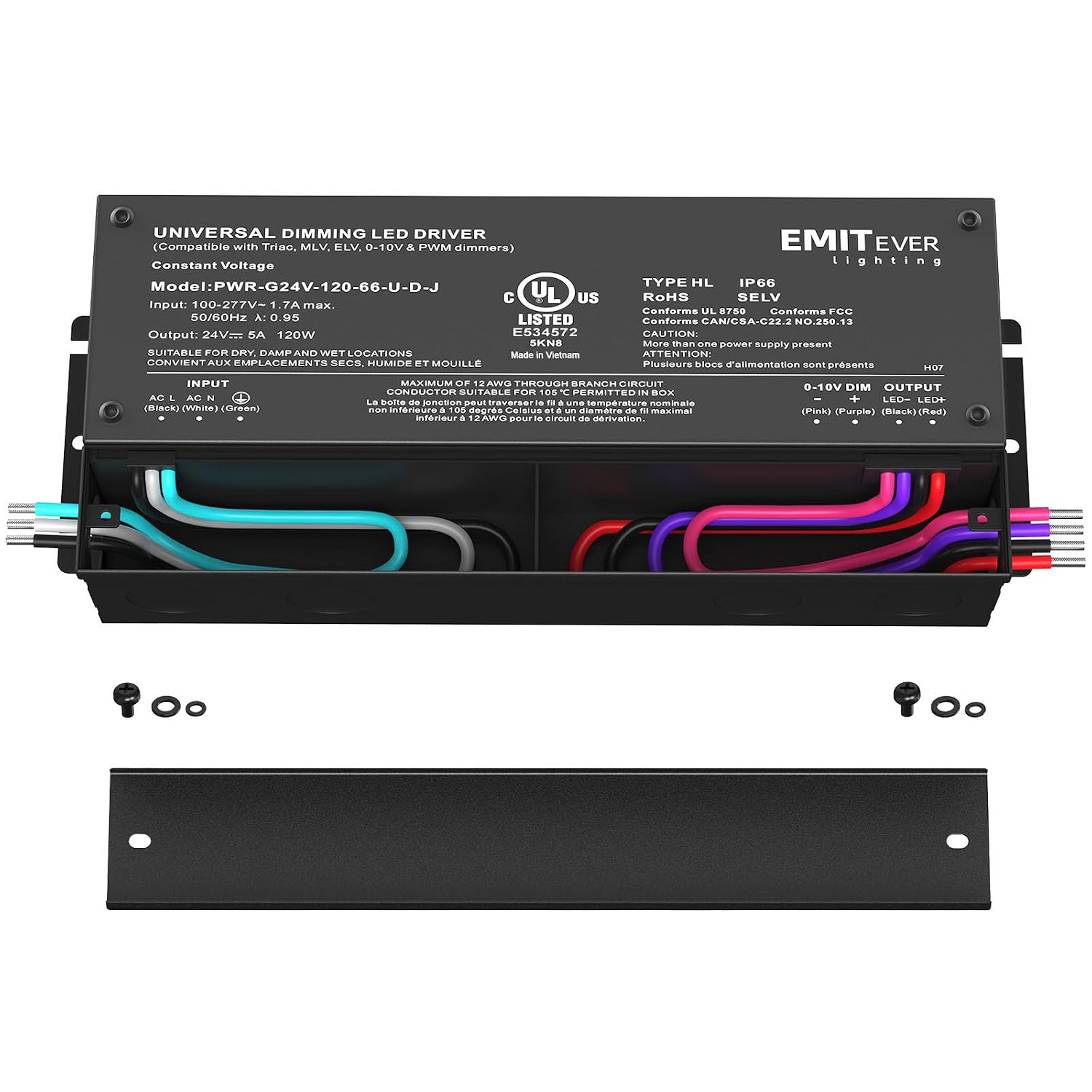 EMITEVER 120W 24V 5-in-1 Dimmable LED Driver,AC 110-277V to DC Transformer