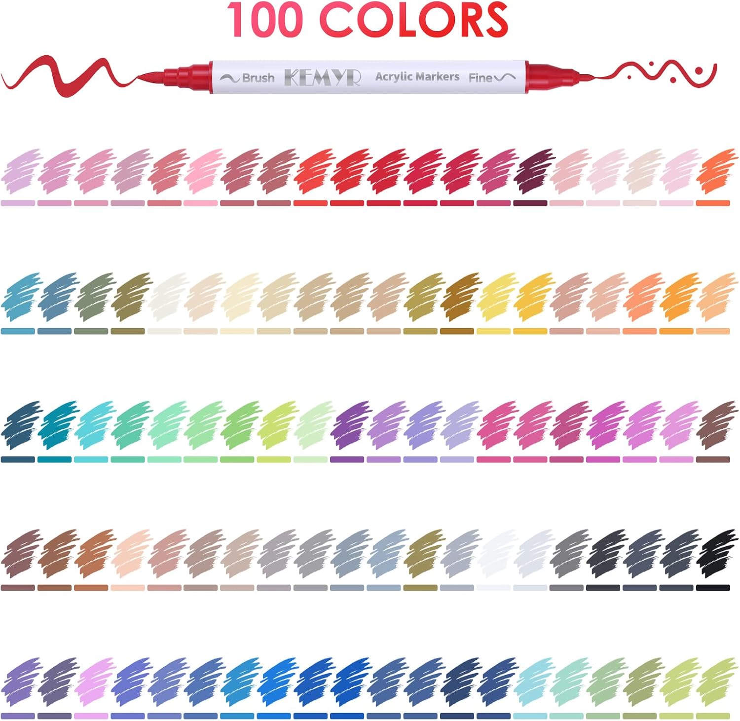 KEMYR 100 Colors Brush & Fine Tip Acrylic Paint Pens, Dual Tip Acrylic Paint Markers for Paper, Wood, Canvas, Stone, Rock, Glass, Fabric, DIY, Ceramic, Art Supplies for Adults Drawing