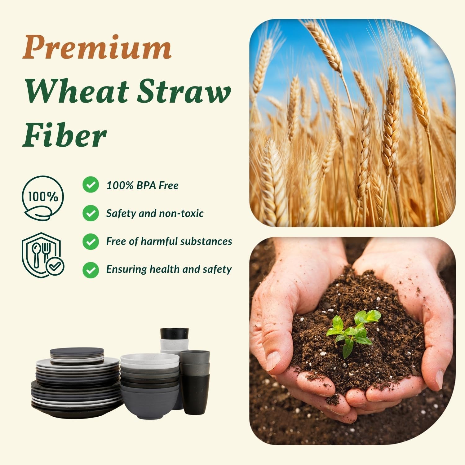 Homienly 40 PCS Kitchen Plates and Bowls Sets for 8 Wheat Straw Dinnerware Sets Microwave and Dishwasher Safe Camping Dish Set Plate Set, Kids, Reusable, Unbreakable, Lightweight-BlackGrey