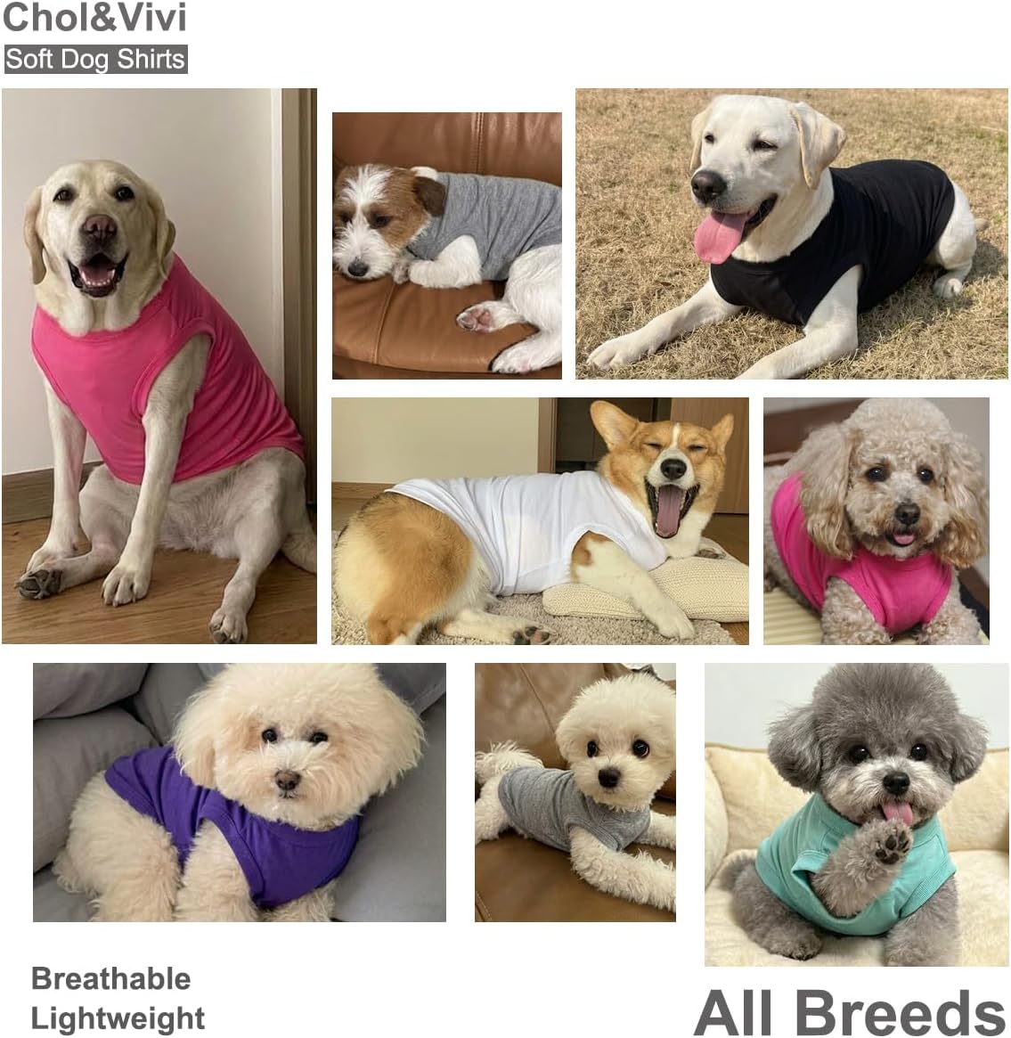 Chol&Vivi Dog Clothes Shirts, 4pcs Shirt for Large Size Dog, Blank Pet Cotton Sleeveless Apparel Soft and Lightweight, Tank Top for All Breeds, Black/Grey/White/Dark Green, XX-Large