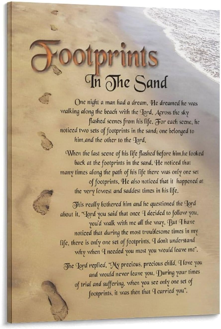 Footprints in the Sand Religious Canvas Wall Art Posters, Inspirational Beach Sunset Poem Print Poster (Black Framed 12x18inch, Footprints(5))