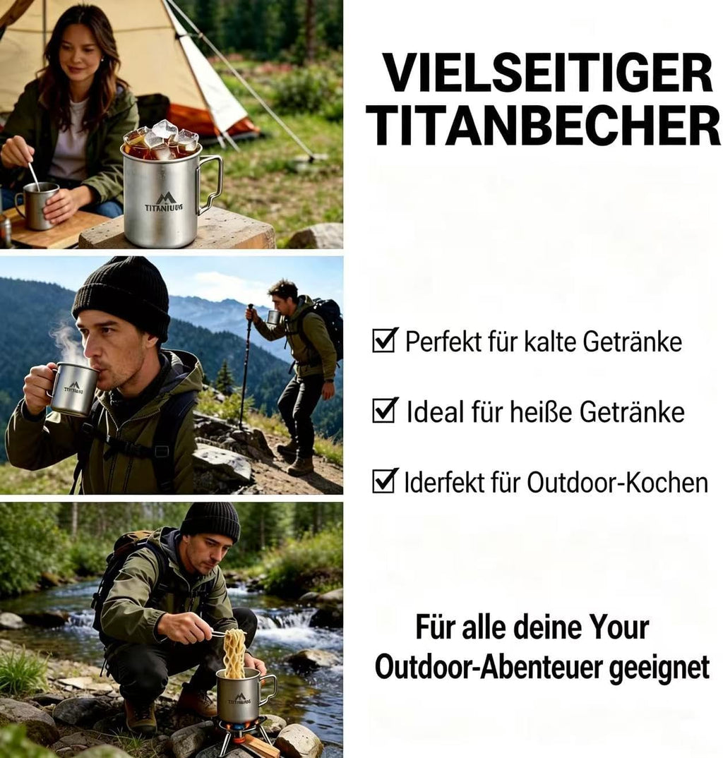 THTYBROS Titanium Cup Ultralight Camping Mug with Foldable Handle & Lid, Pure Titanium Cookware for Outdoor Hiking, Backpacking, Picnic, and Campfire