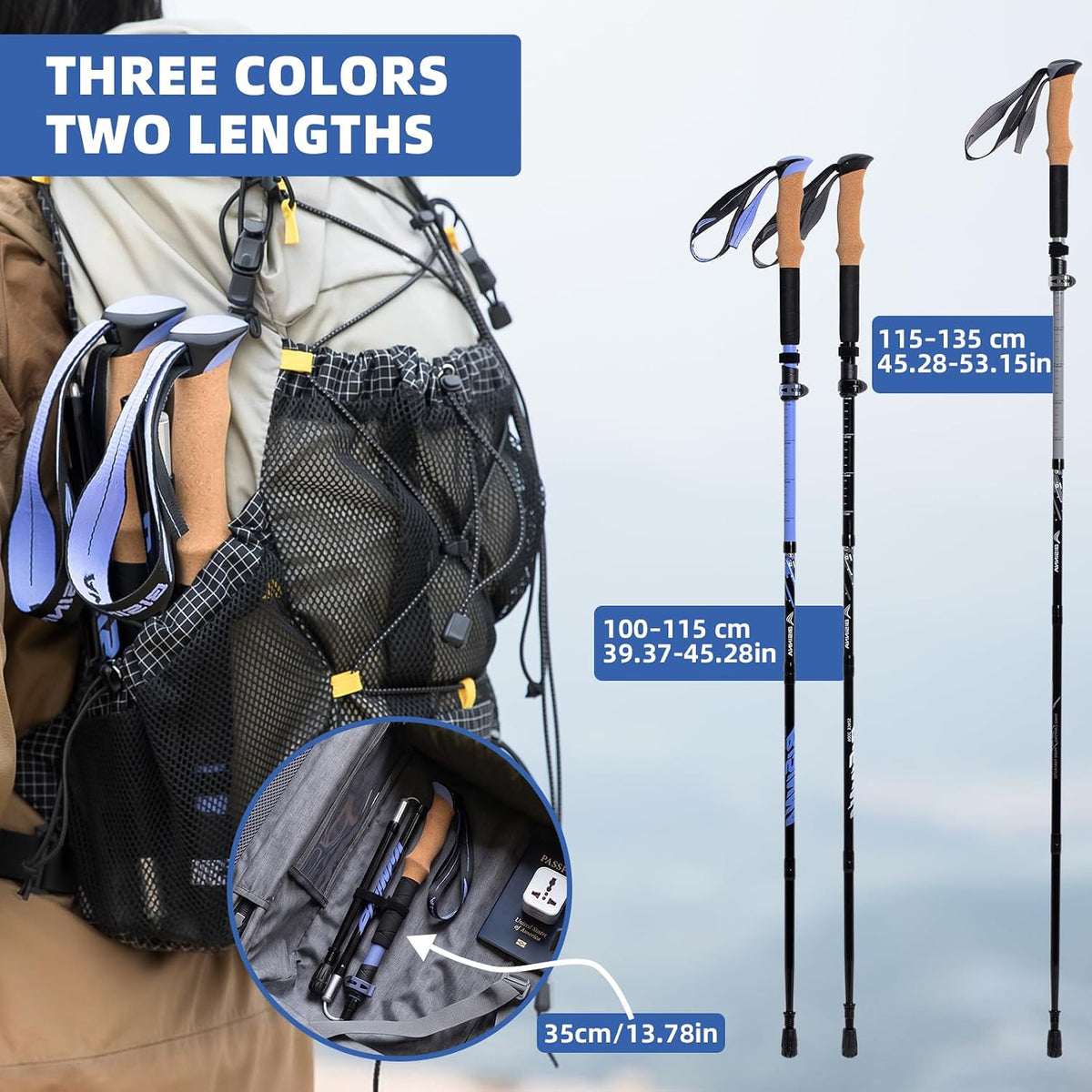 BISINNA Collapsible Ultralight Trekking Poles for Hiking 2pc 7075 Aluminum