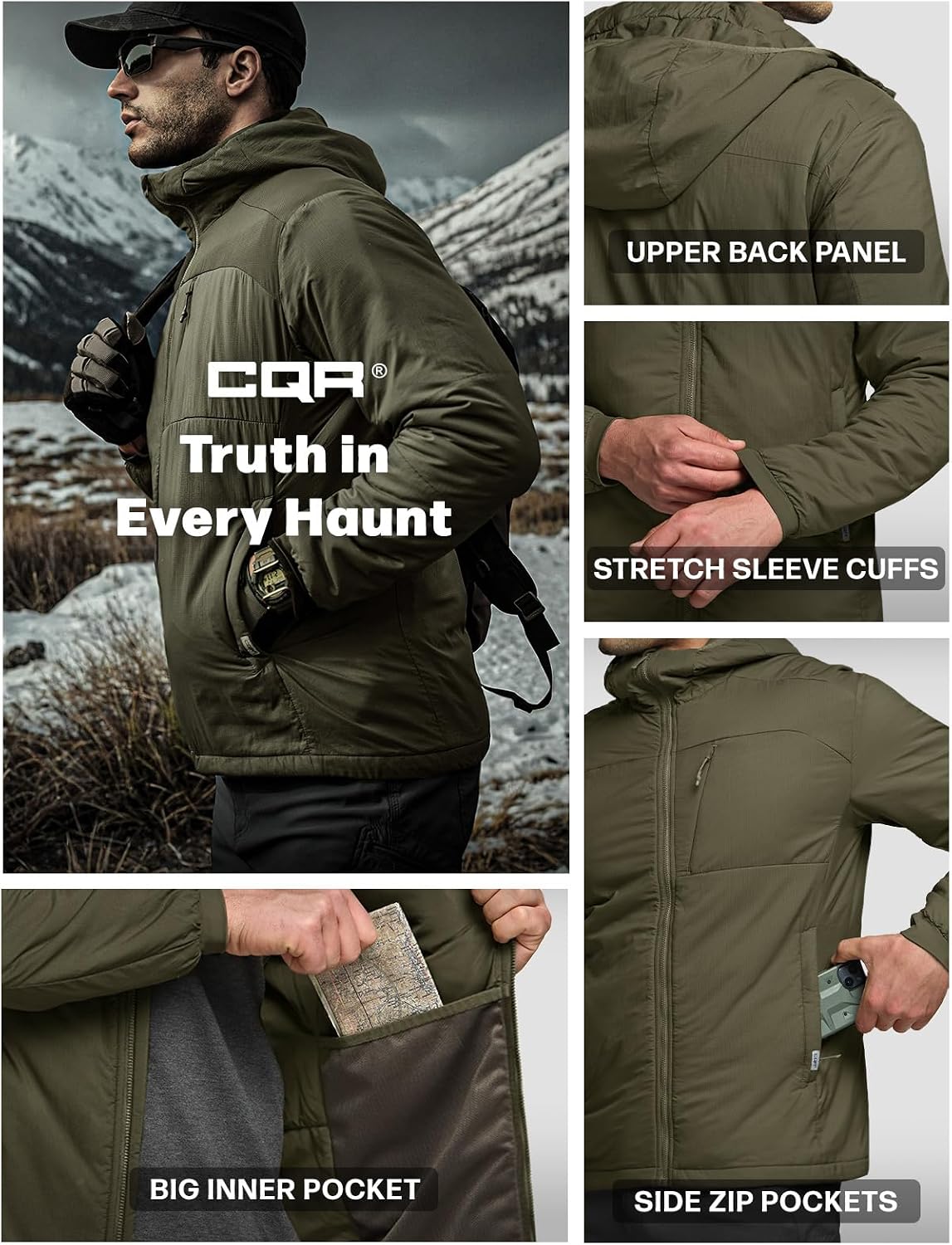 CQR Men's Lightweight Warm Insulated Jacket, Windproof Water Resistant Winter Active Coat for Hiking Work Outdoor Tactical