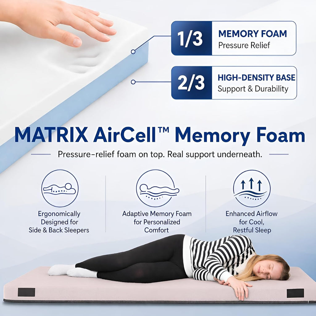 Hazli Matrix AirCell Memory Foam Camping Mattress Pad - CertiPUR-US Roll Up Mattress for Adults - Portable Foam Sleeping Mats for Camping - Camp Cot Sleeping Pad - Floor Sleep Mat Bed Roll for Car RV