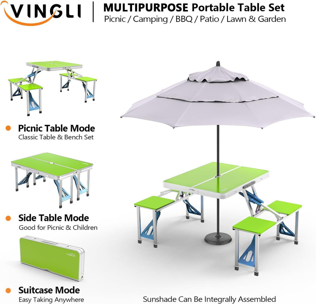 VINGLI 4Ft Portable Folding Picnic Table Camping Table Foldable Set with 4 Seats with Umbrella Hole Suitcase Card Table-220 Lbs Support Aluminum Frame, Plastic RV Tabletop for Yard, Travel-Black