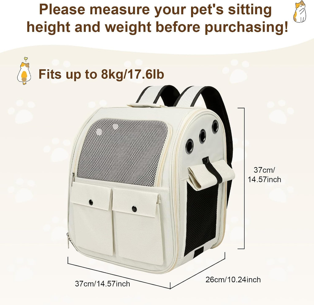 Airline Approved Cat Carrier Backpack - Ventilated Breathable Mesh for Small Dogs & Cats (15lbs), Soft Sided Dog Backpack for Hiking, Camping, Travel & Vet Visits with Padded Straps (White)