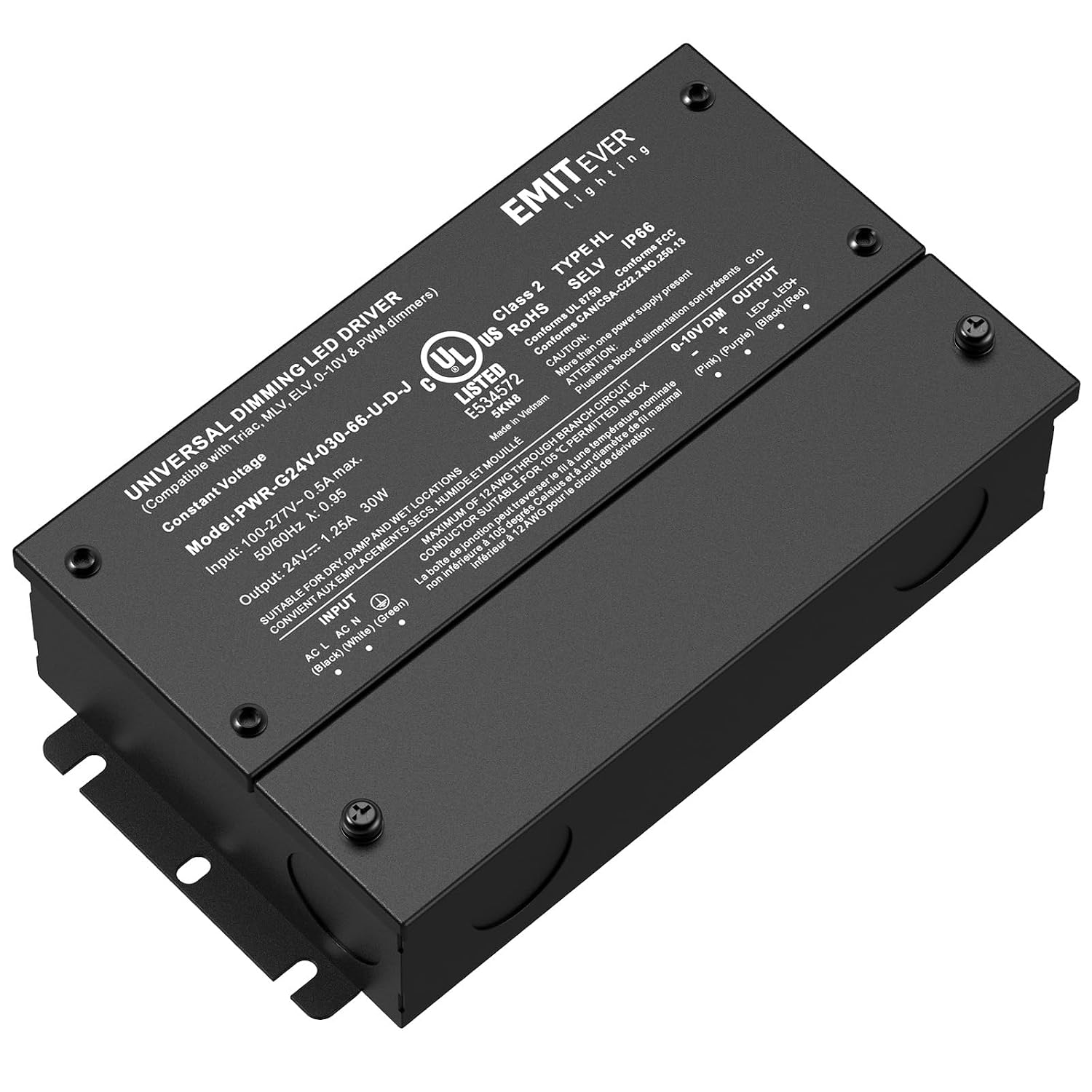 EMITEVER 30W 24V 5-in-1 Dimmable LED Driver,AC 110-277V to DC Power Supply