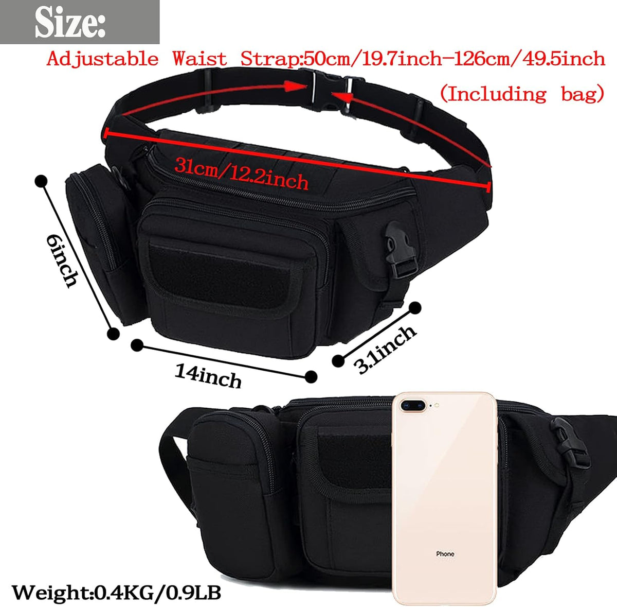 Tactical Fanny Packs, Military Waist Bag Utility Hip Belt Bags for Hiking Climbing Fishing Cycling Hunting with U.S Patch (Black+Black)