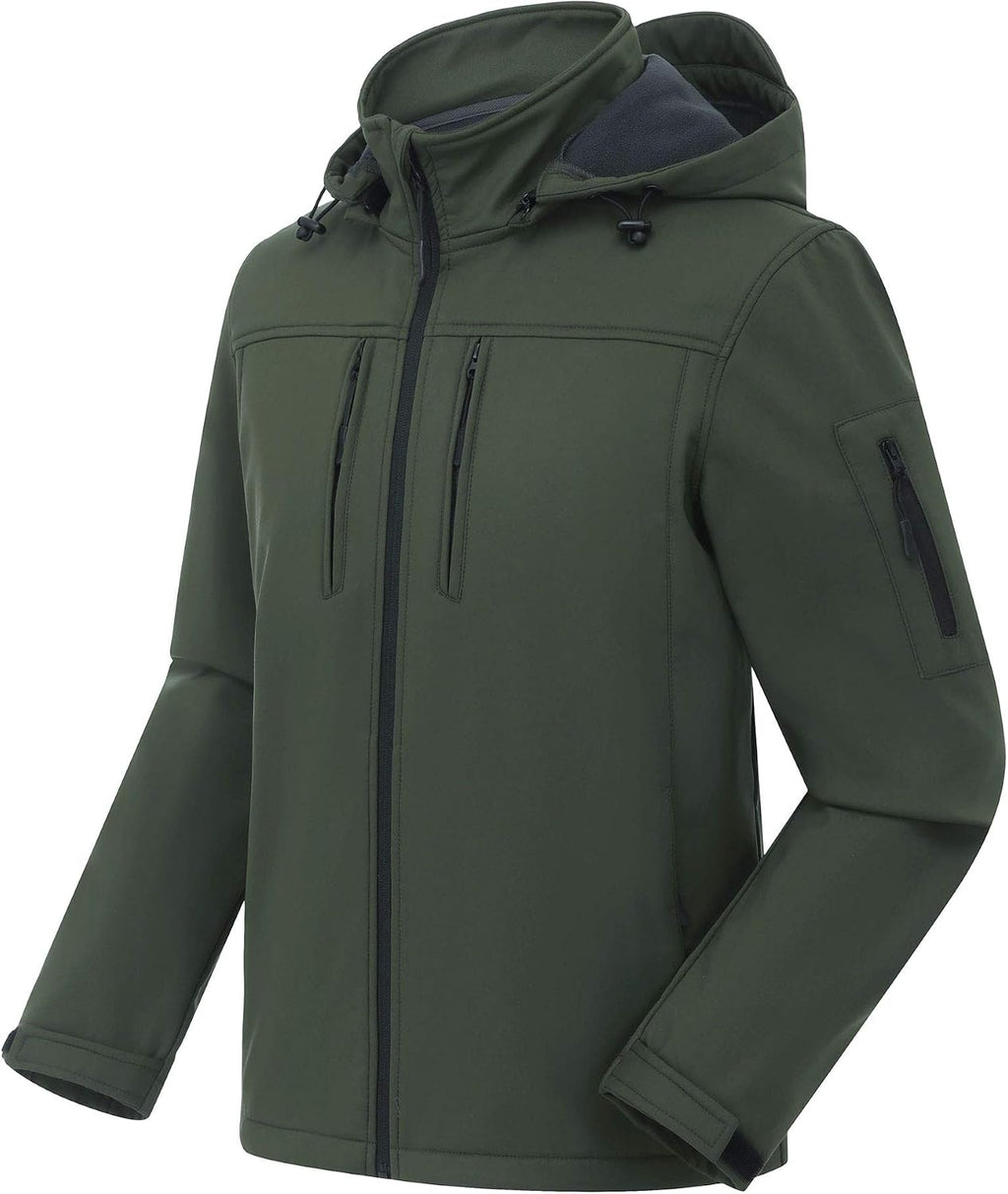 CREATMO US Men's Softshell Military Jacket With Removable Hood, Fleece Lined and Water Repellent Outdoor Reflective Coat