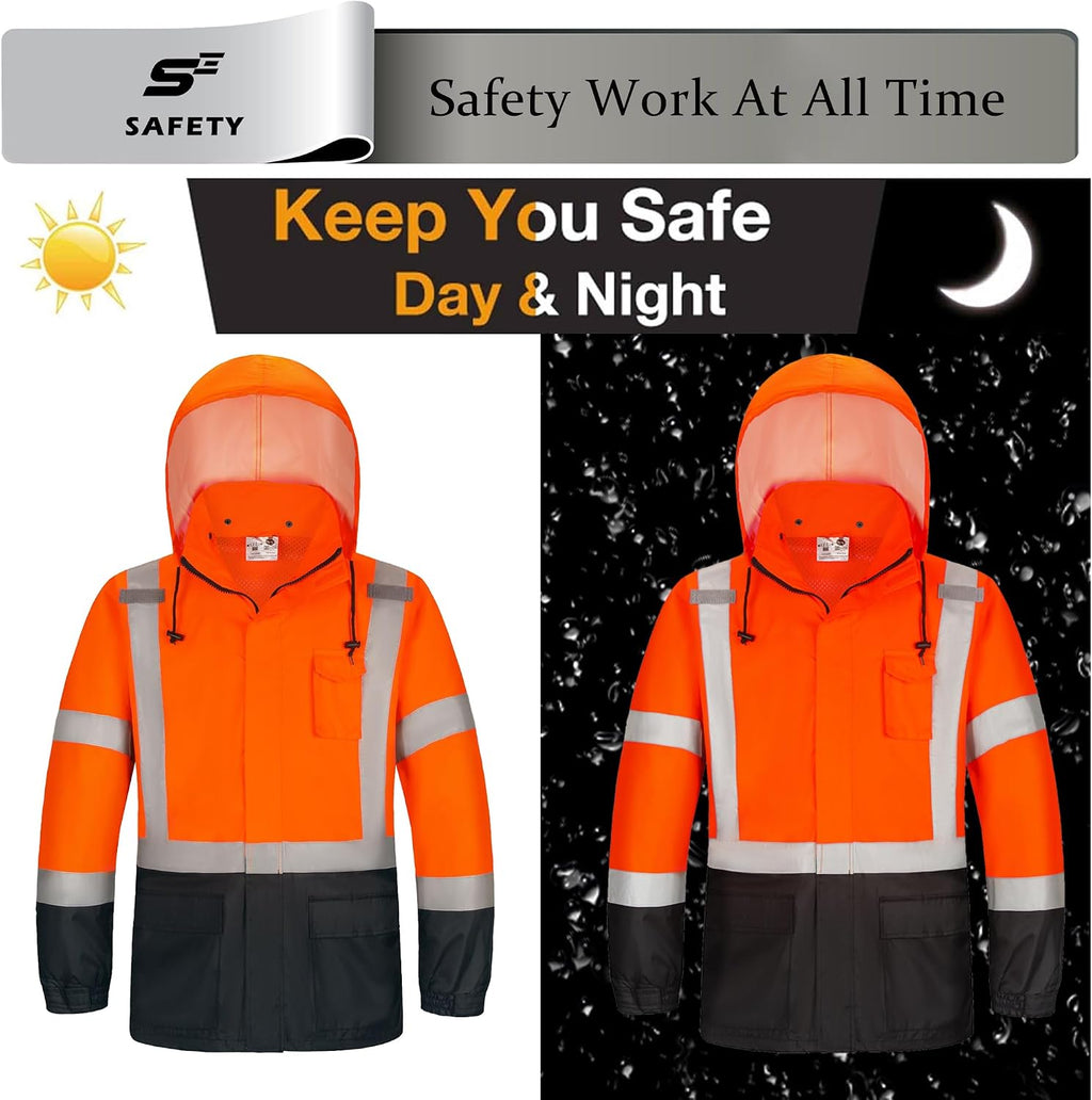 sesafety Hi Vis Rain Jacket, Rain Suits for Men Waterproof withBlack Bottom