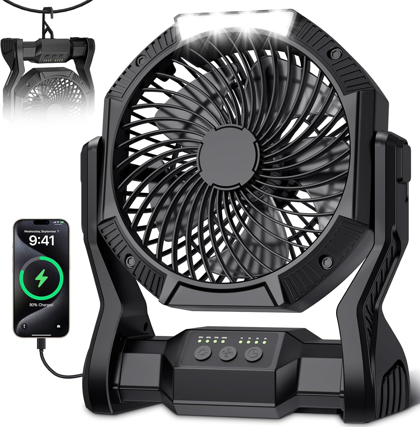 Portable Rechargeable Fan, 20000mAh Battery Powered Camping Fan with LED Light & Hook, 270° Adjustable, 4-Speed, 4H Timer Camping Essentials for Outdoor Tent Travel BBQ Car, Gifts for Men Dad