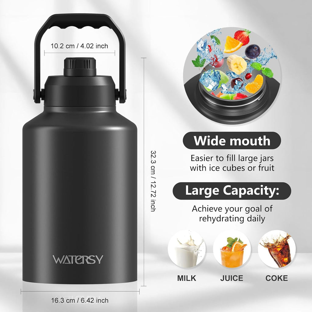 WATERSY 1 Gallon Water Bottle Insulated(Cold for 48 Hrs),BPA Free&Leak Proof,128oz Stainless Steel Water Jug with Handle for Gym,Hiking,Camping&Travel,Black Large Thermo