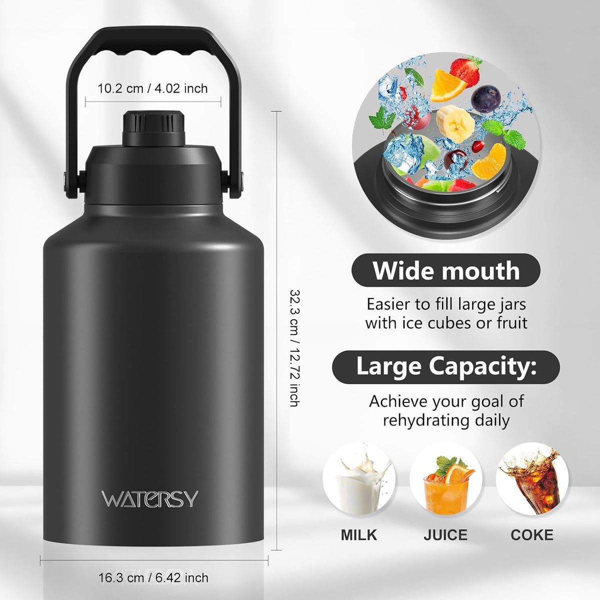 WATERSY 1 Gallon Water Bottle Insulated(Cold for 48 Hrs),BPA Free&Leak Proof,128oz Stainless Steel Water Jug with Handle for Gym,Hiking,Camping&Travel,Black Large Thermo